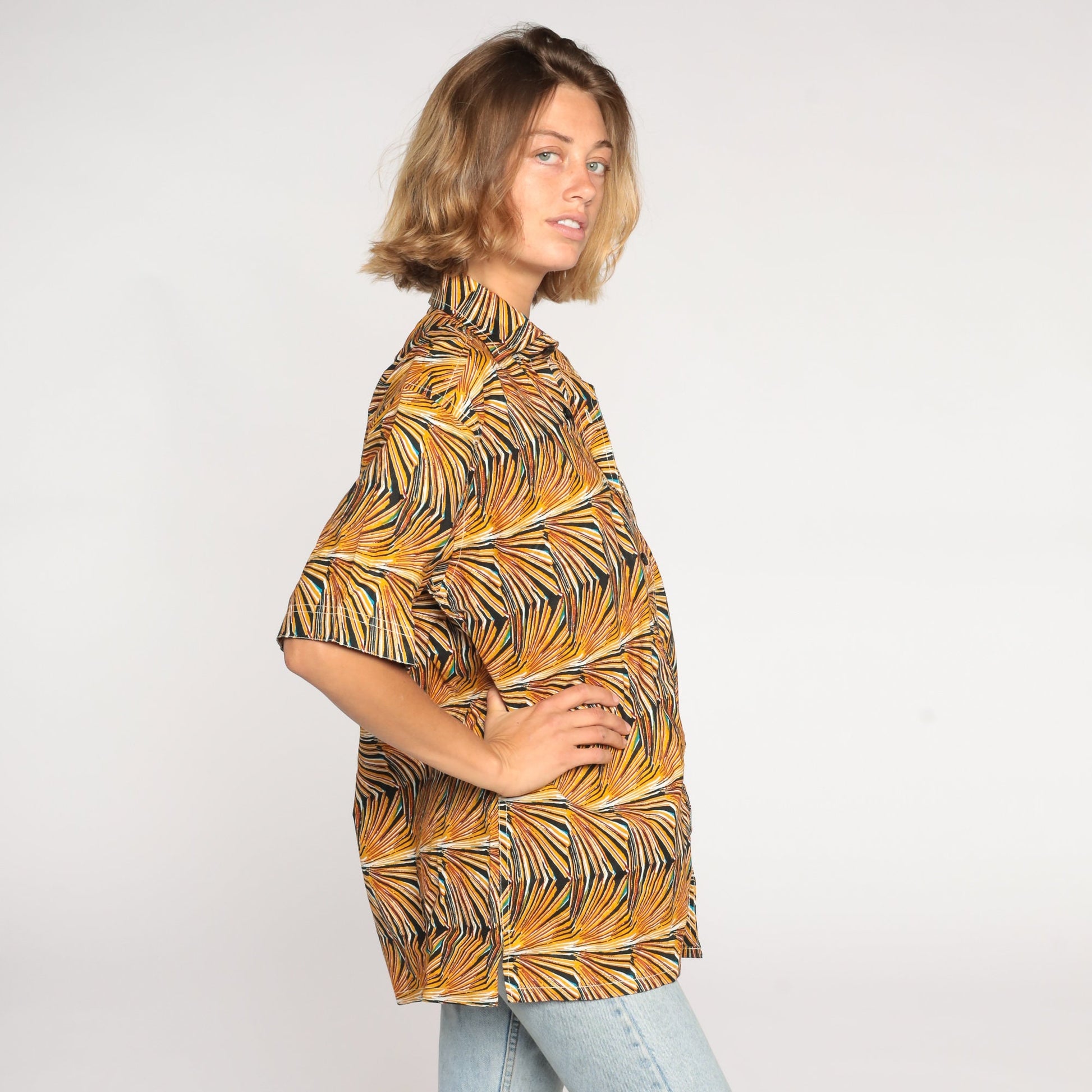 80s Abstract Op Art Button-Up Shirt Yellow Psychedelic Print Cotton Large