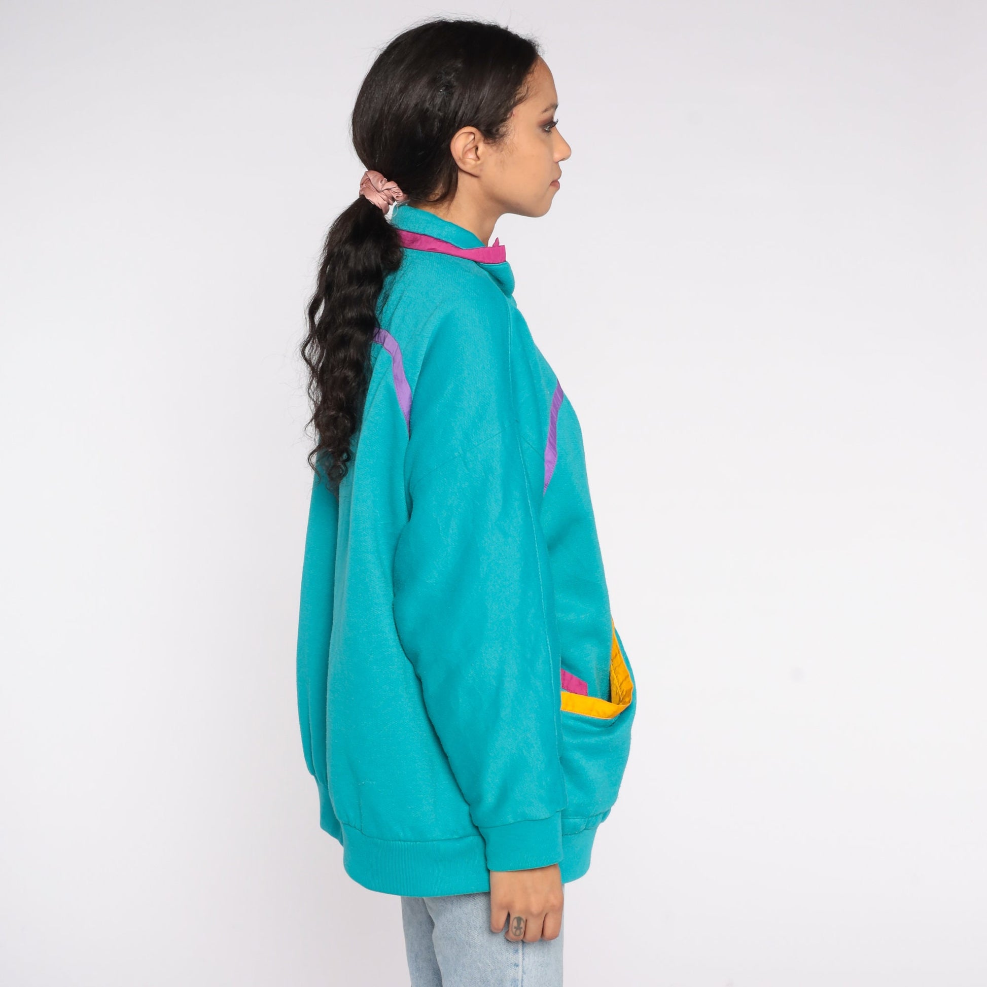 80s Teal Button-Up Sweatshirt Jacket Purple Yellow Pink Trim One Size