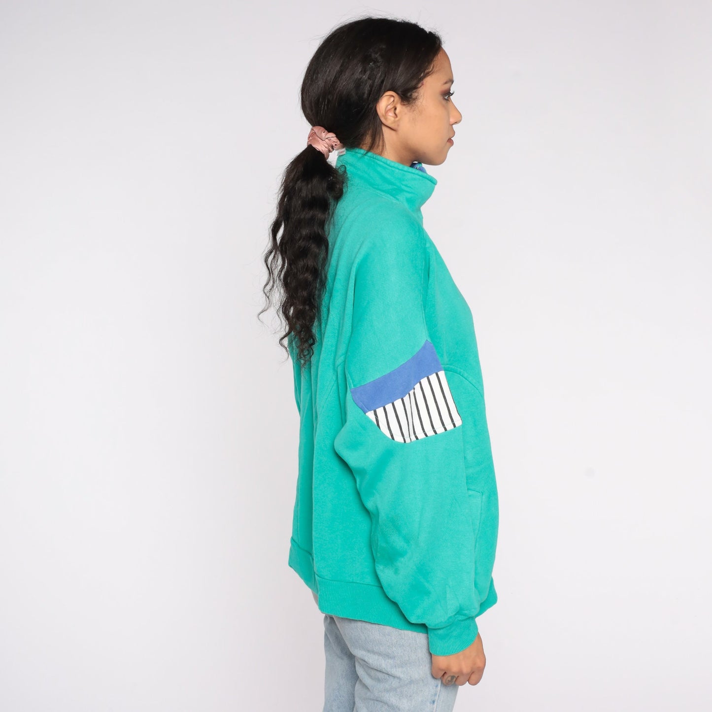 80s Green Striped Track Jacket Zip-Up Sweatshirt Large