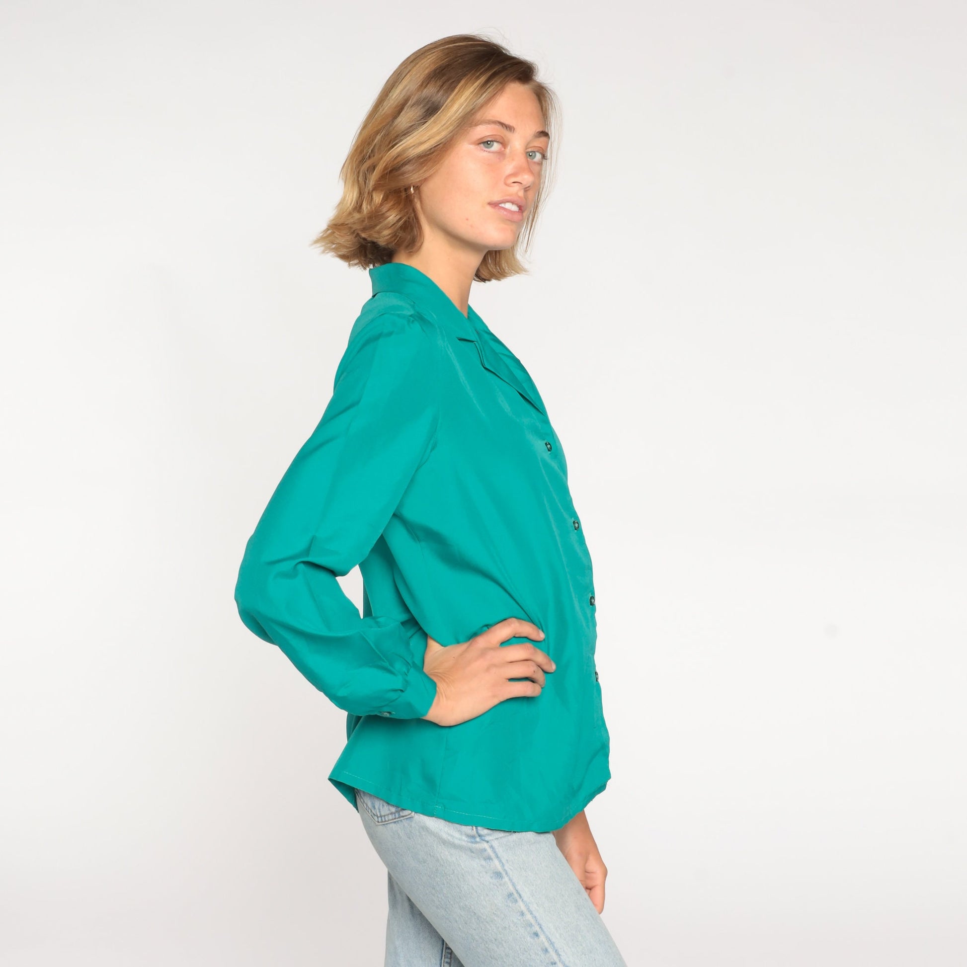 80s Green Button-Up Blouse Long Sleeve Collared Shirt Medium