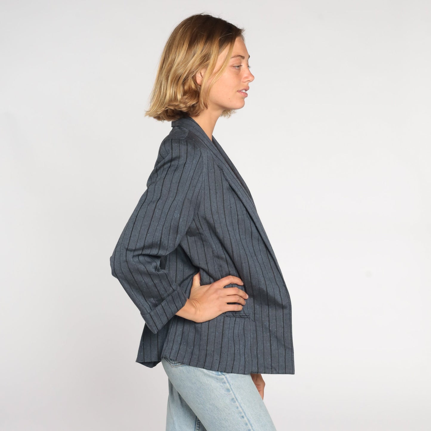 90s Grey Pinstripe Blazer Open Front Jacket Medium