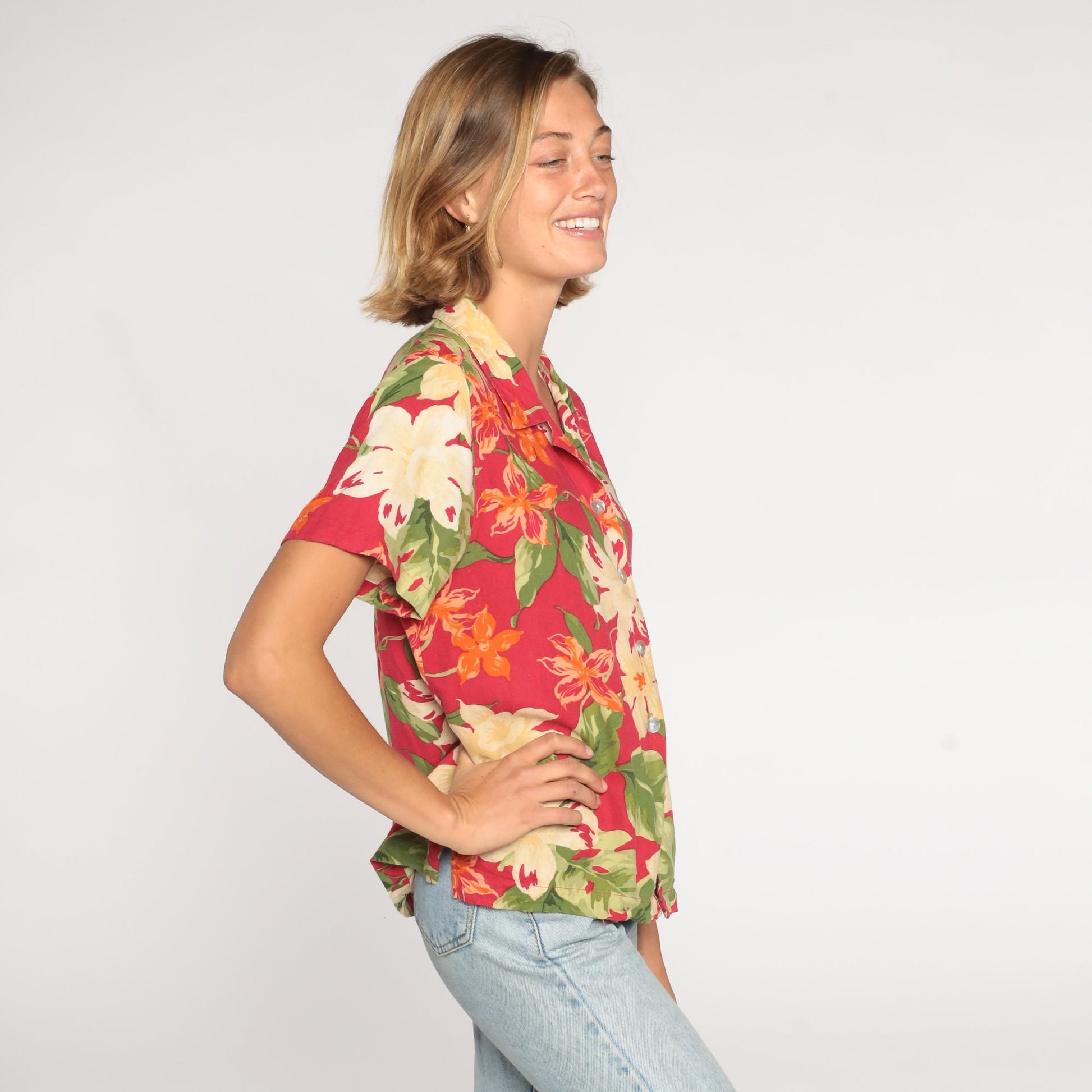 00s Tropical Floral Button Up Blouse Red Orchid Leaf Print Silk Rayon Large