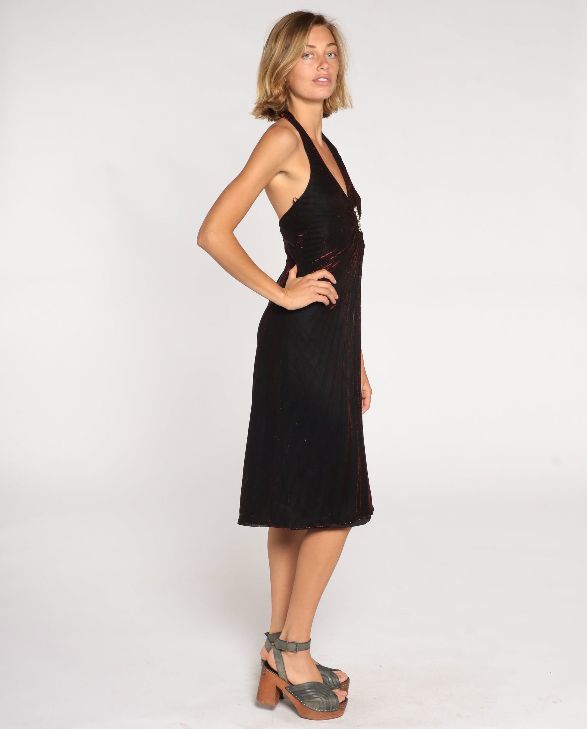 80s Black Red Metallic Halter Midi Dress Rhinestone Gem Sleeveless Small