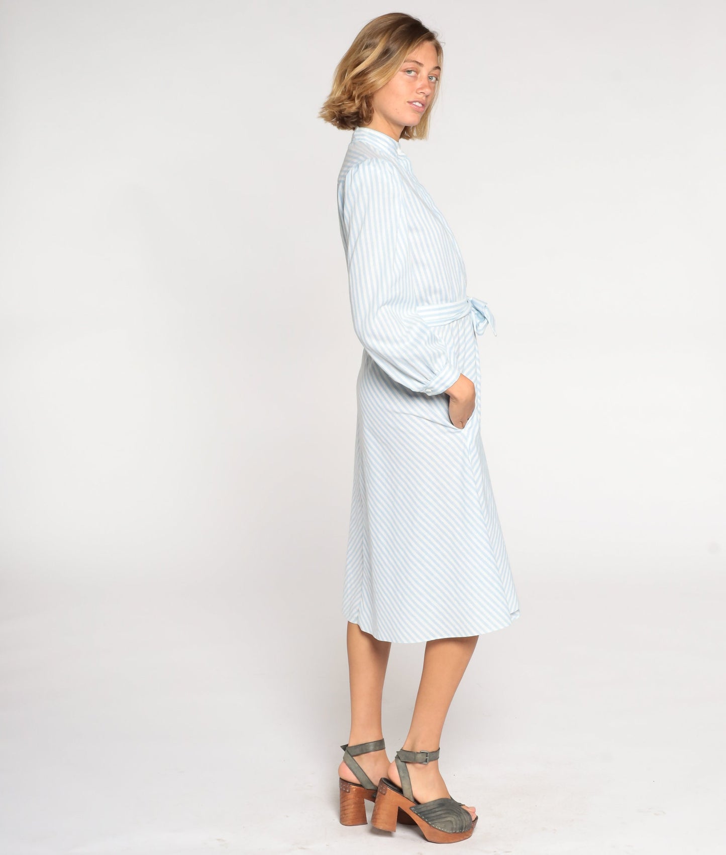 80s Blue White Striped Midi Shirtdress High Waist Puff Sleeve Medium