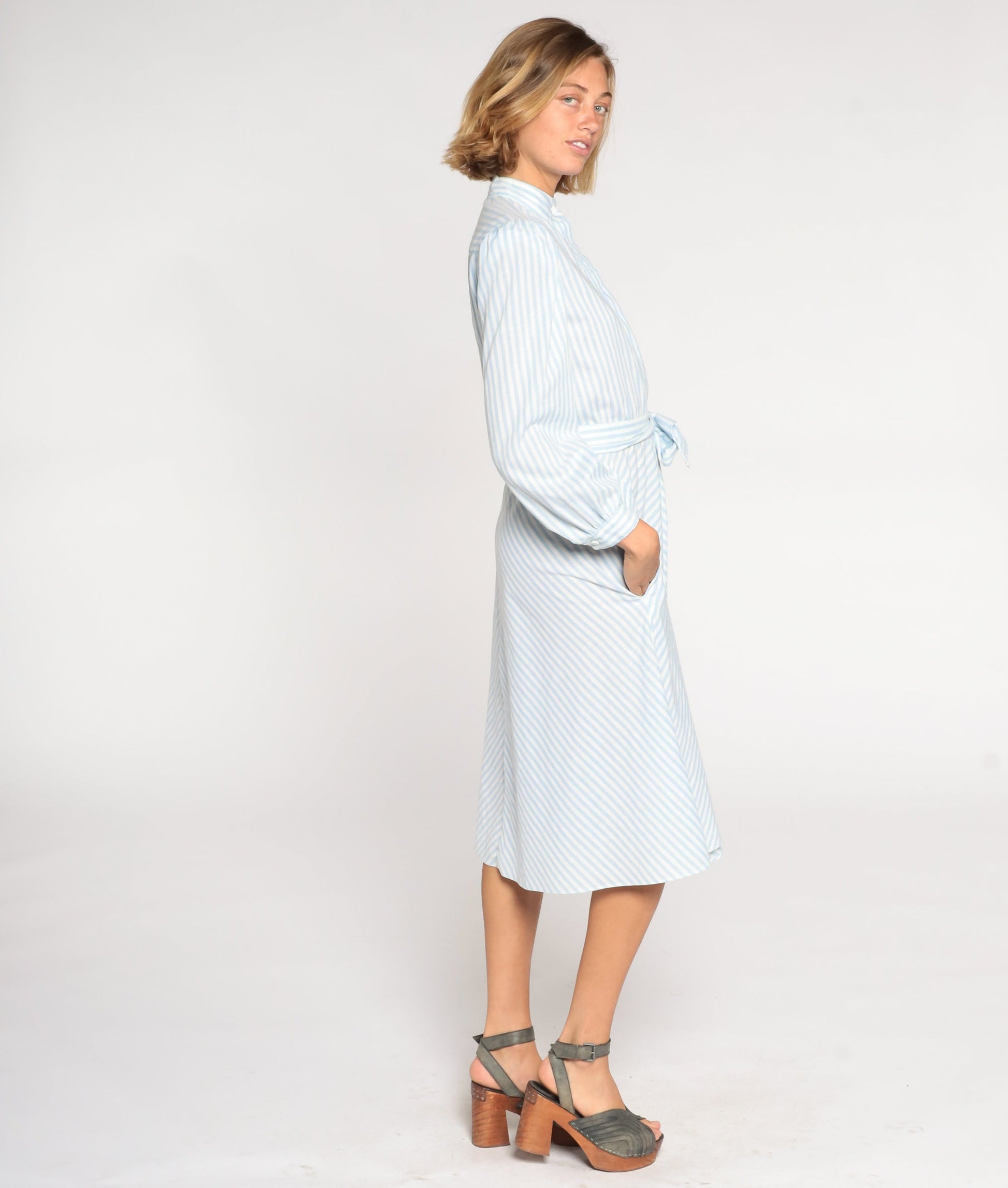 80s Blue White Striped Midi Shirtdress High Waist Puff Sleeve Medium