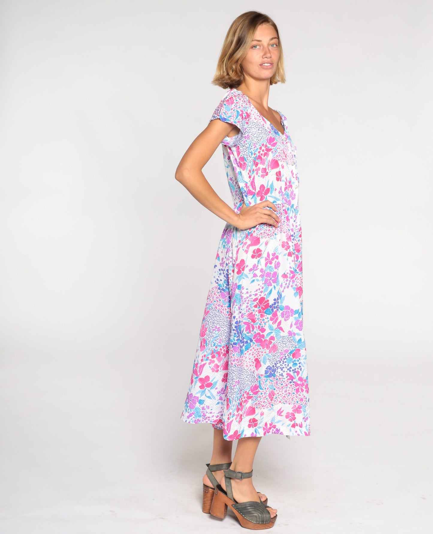 80s Floral Midi Dress Pink Blue Purple Button-Up V-Neck Medium