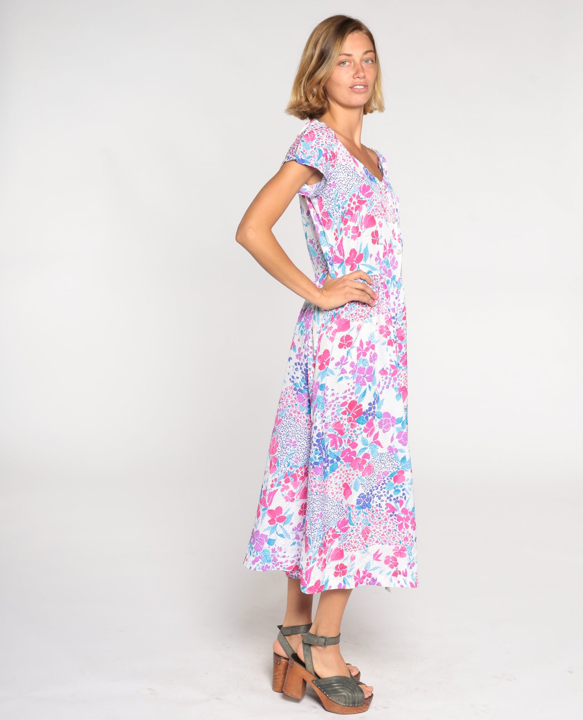 80s Floral Midi Dress Pink Blue Purple Button-Up V-Neck Medium
