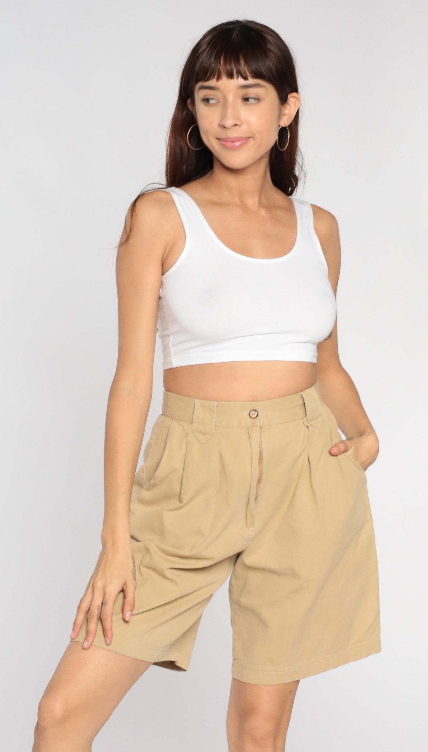 90s Khaki Pleated Bermuda Shorts High Waisted Wide Leg Cotton Small