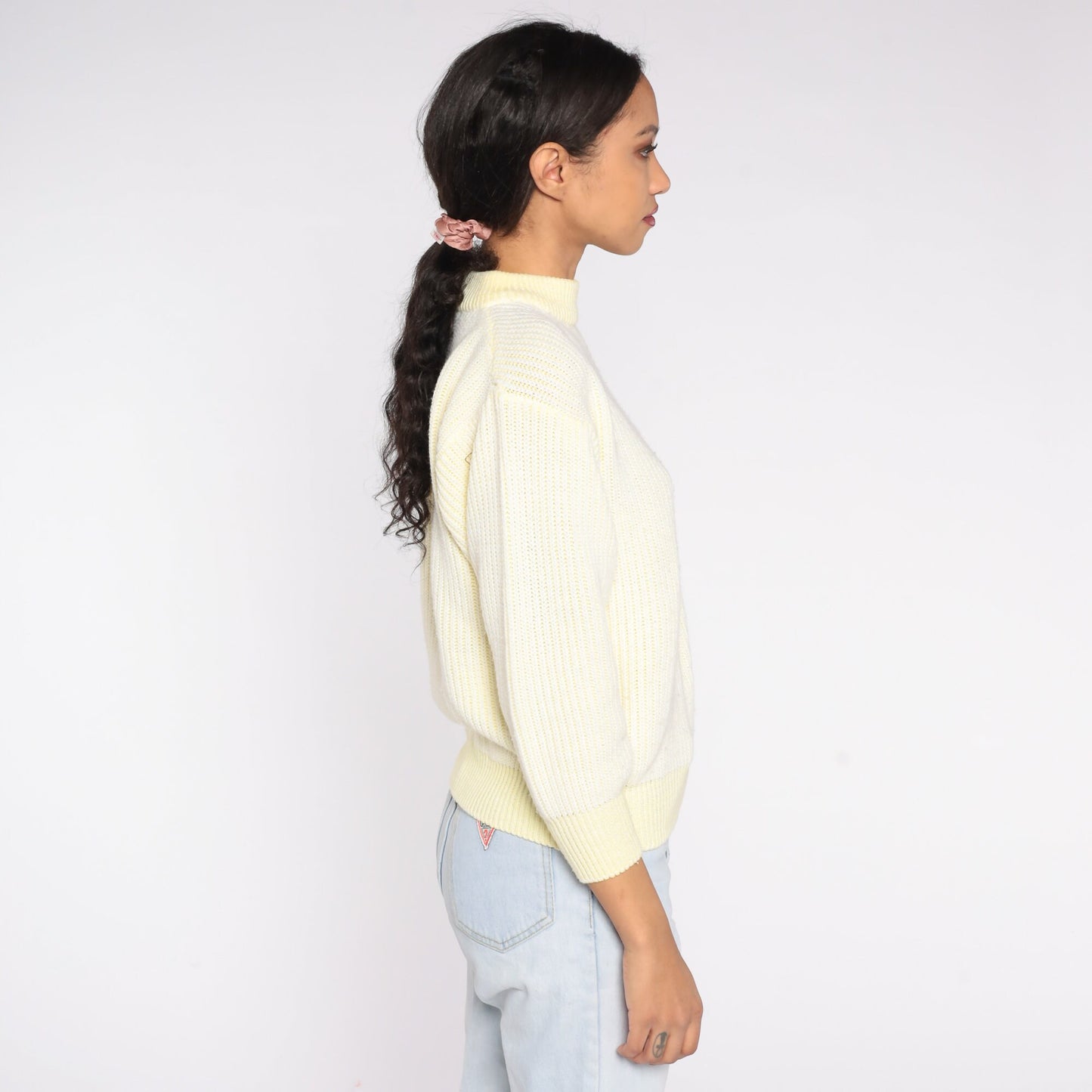 80s Yellow & White Knit Crewneck Sweater Pullover Small