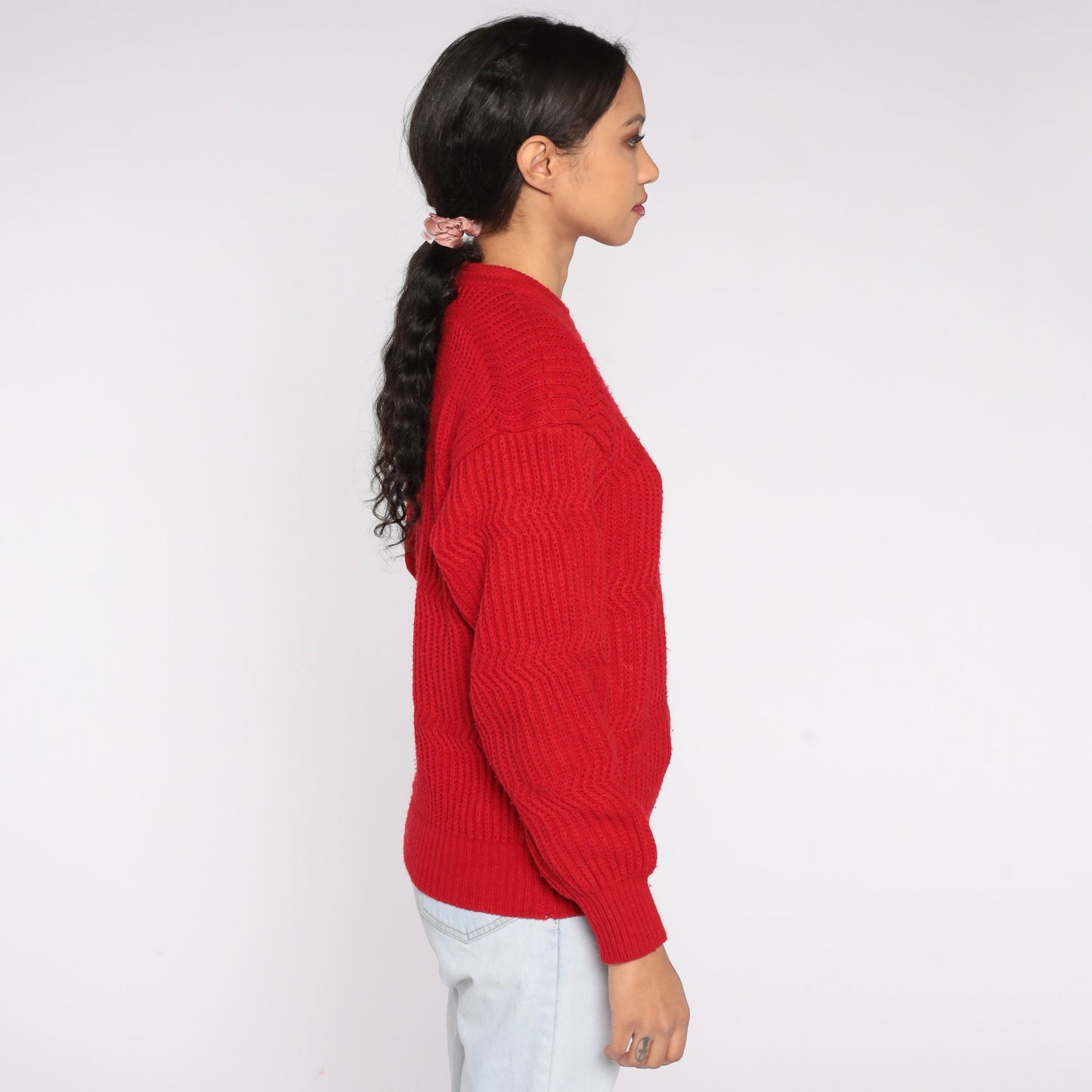 80s Saugatuck Red Knit Sweater Wavy Textured Crewneck Medium M