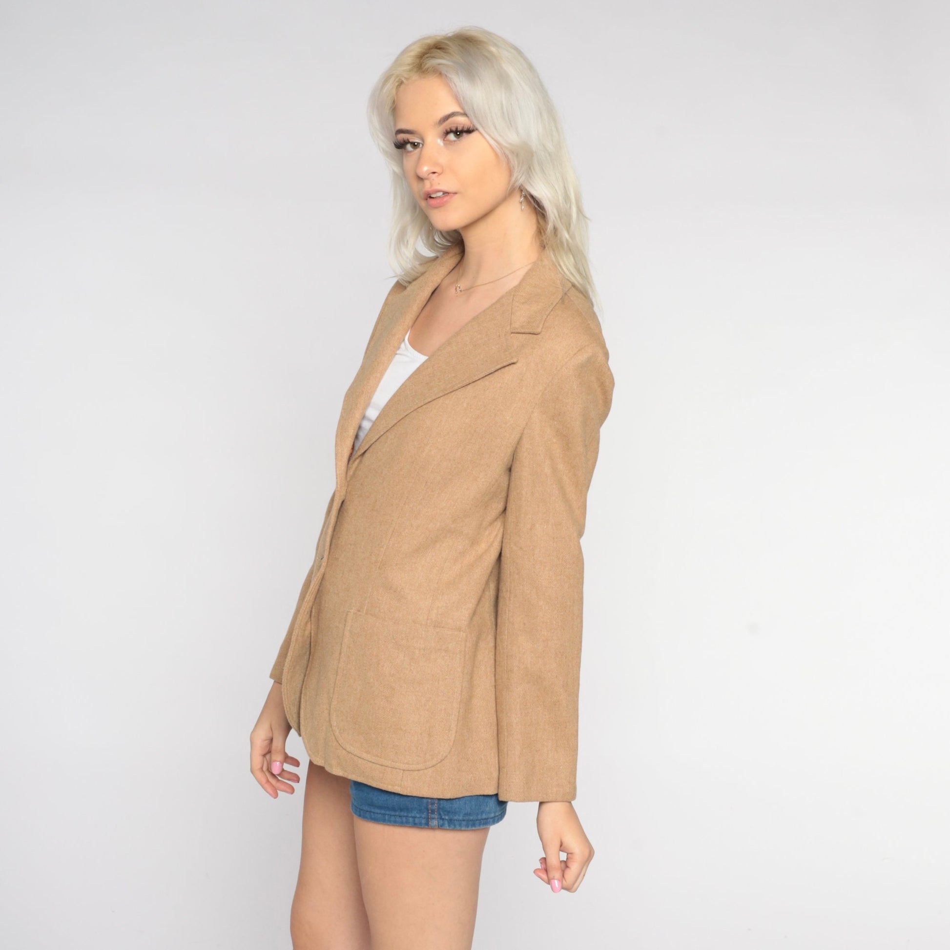 70s Wool Blazer Tan Button-Up Jacket Orange Lining Small