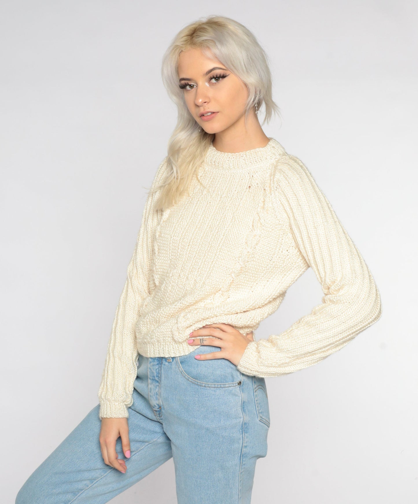 90s Cream Cable Knit Crewneck Pullover Sweater Small S