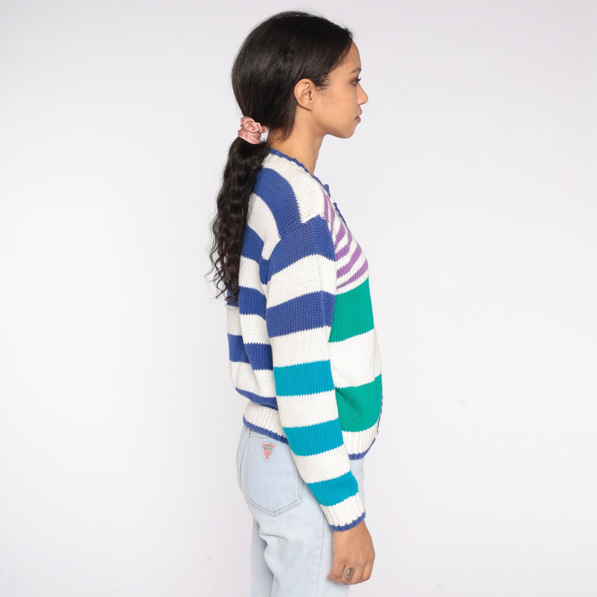 90s Striped Cardigan White Button-Up Sweater Green Blue Purple Petite Small