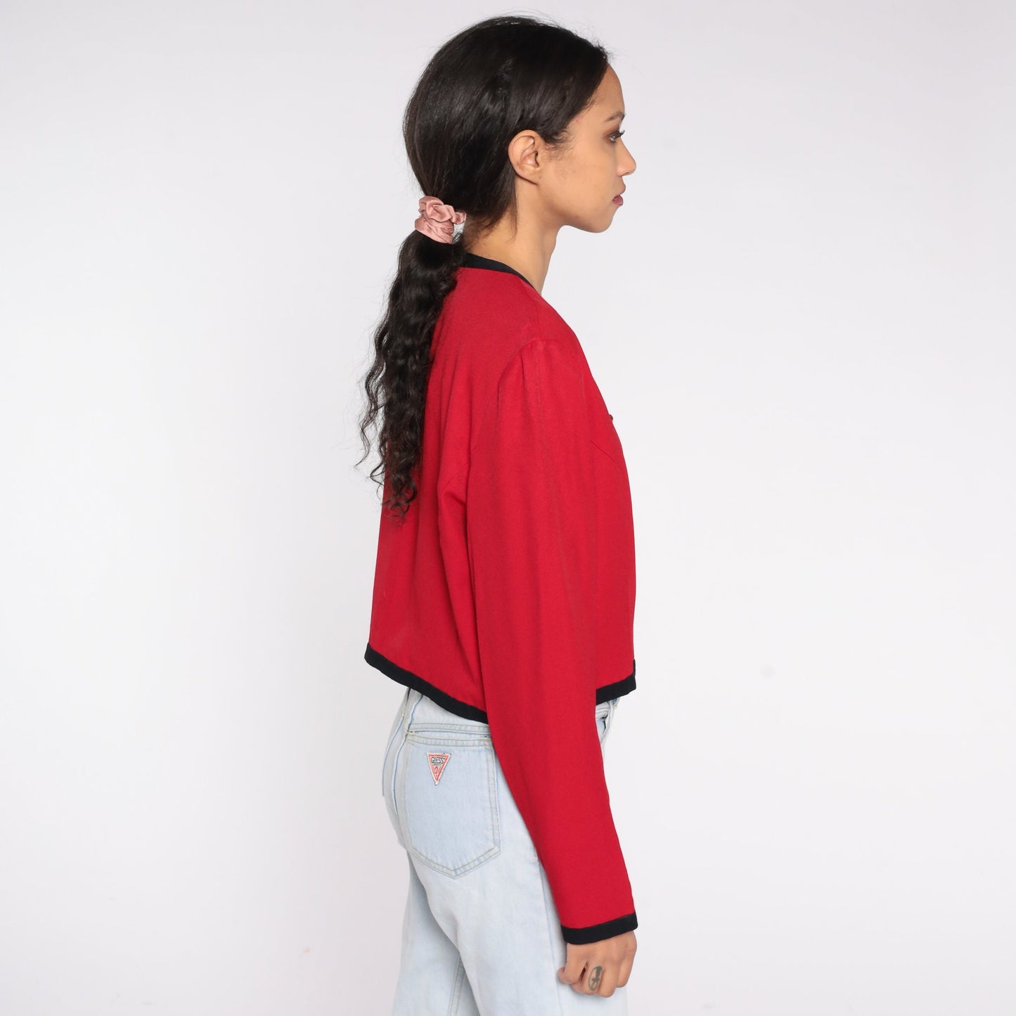 90s Red Cropped Jacket Gold Buttons Black Trim Open Front Small