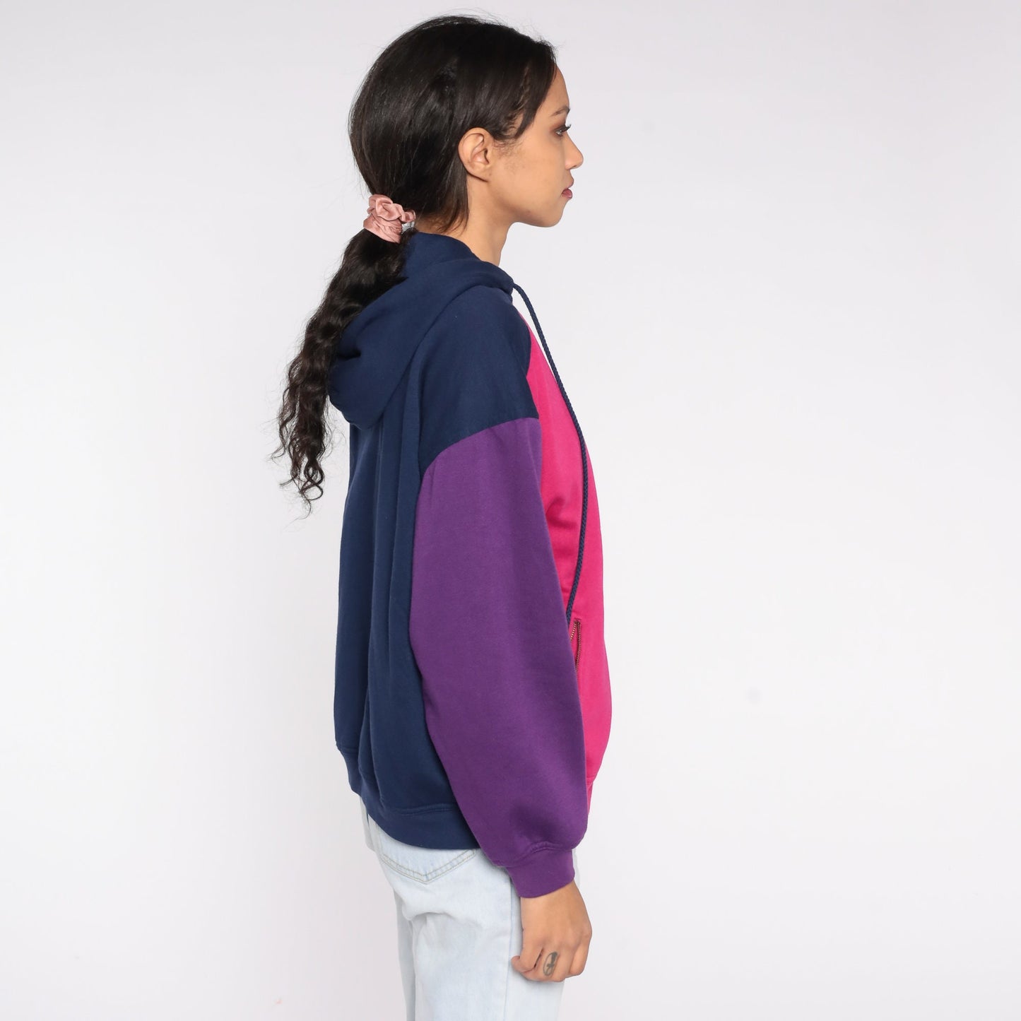 90s Color Block Zip Hoodie Sweatshirt Fleur de Lis Pink Green Purple Blue Large L
