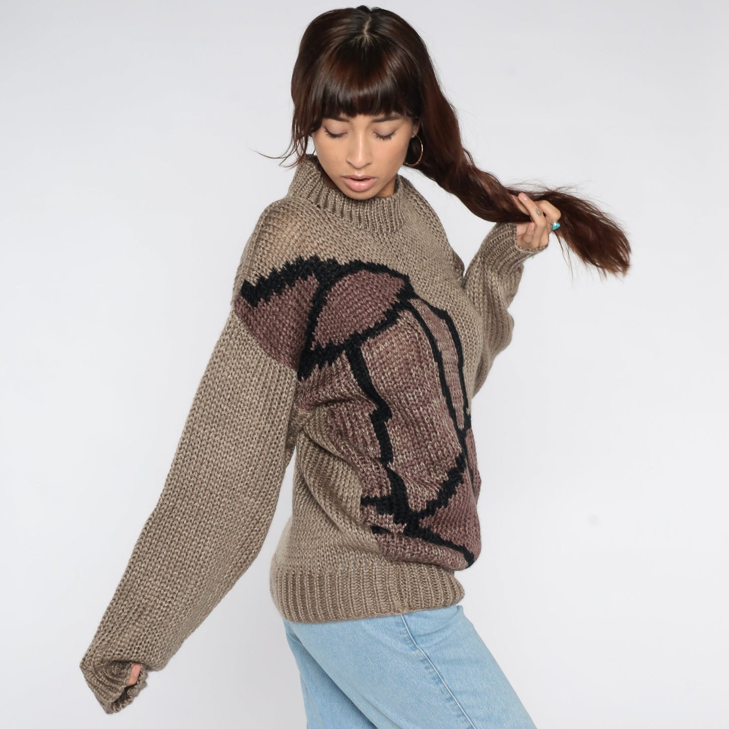 80s Abstract Jacquard Knit Sweater Taupe Crewneck Pullover Large