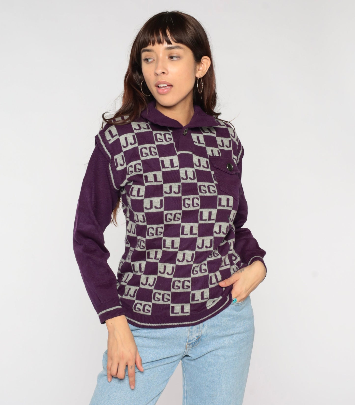 90s Purple Polo Sweater Initials GG JJ LL Novelty Knit Small