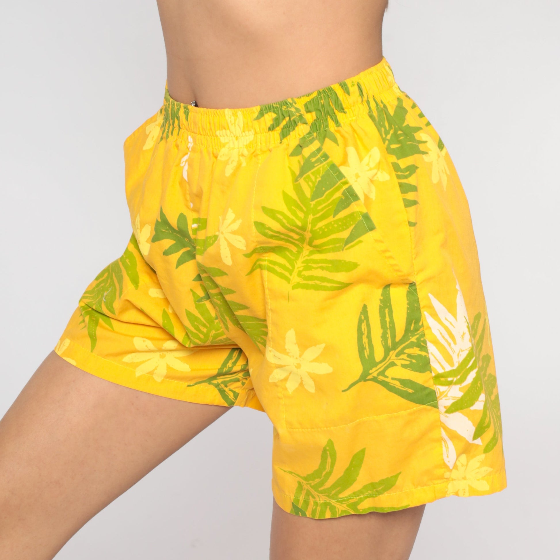 90s Yellow Tropical Leaf Floral Shorts High Waist Elastic Small S