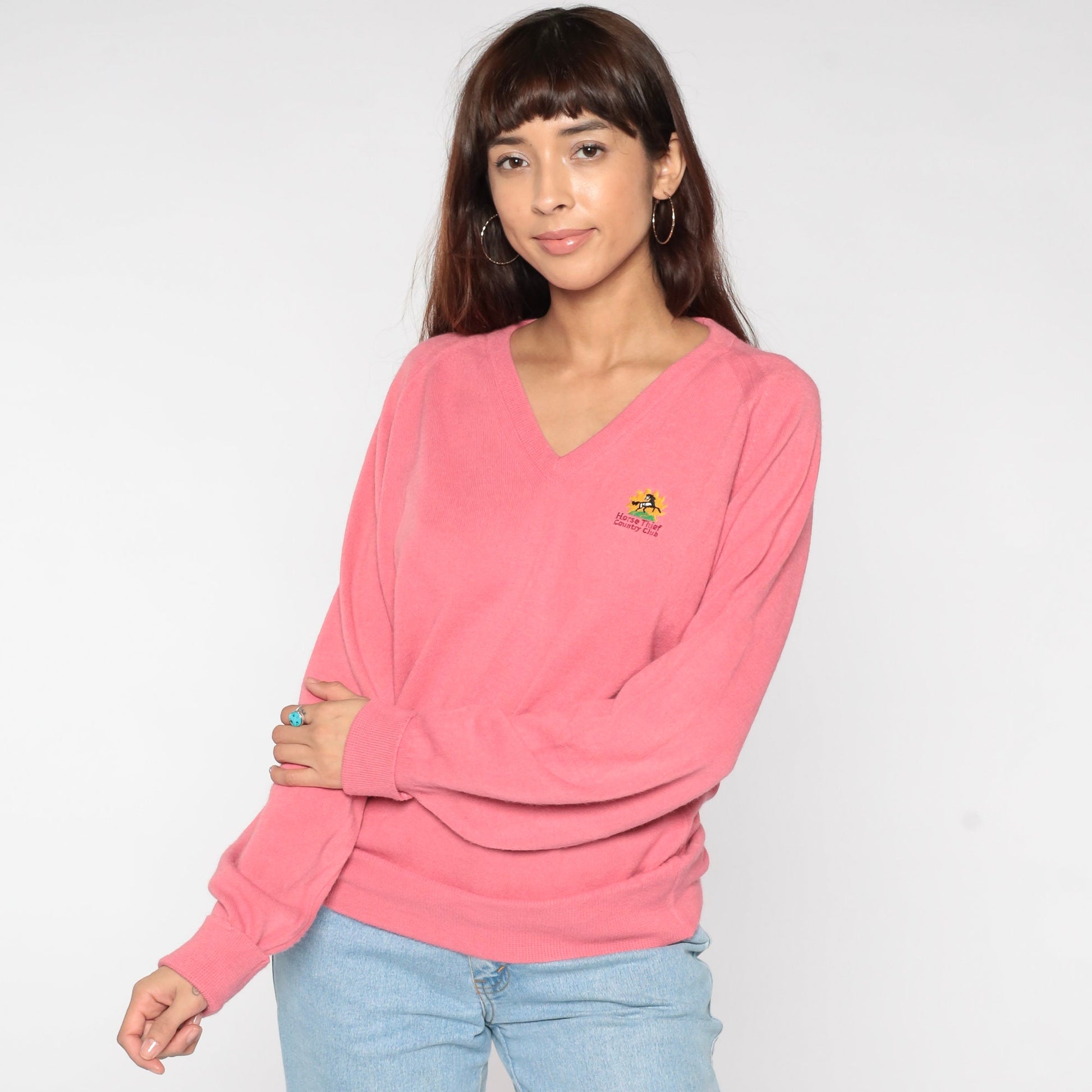 00s Horse Thief Country Club Pink V-Neck Knit Sweater Large