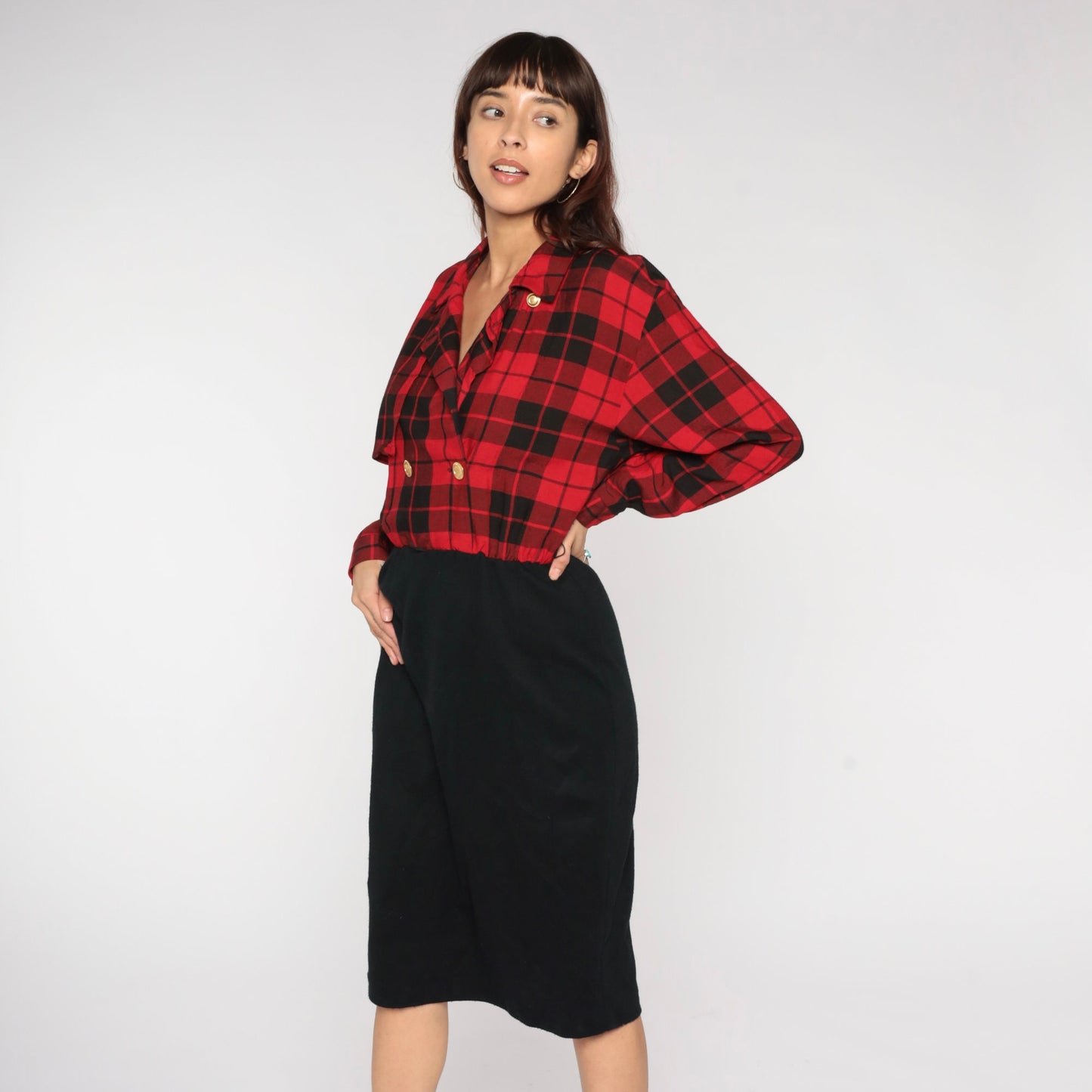 80s Red Plaid Midi Shirt Dress Black Pencil High Waist Button Up Medium