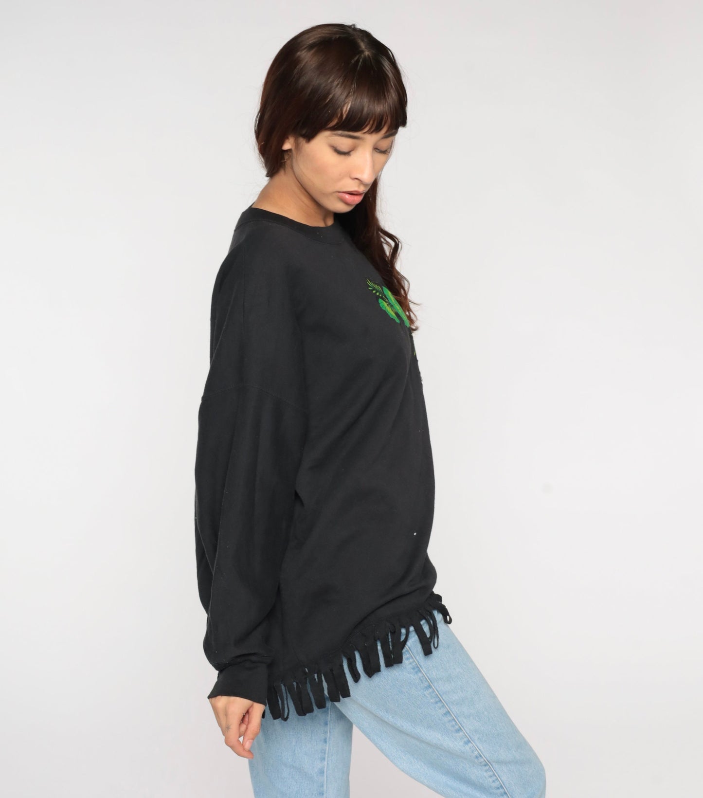 90s Tropical Bird Fringe Sweatshirt Black Graphic Parrot Crewneck Extra Large