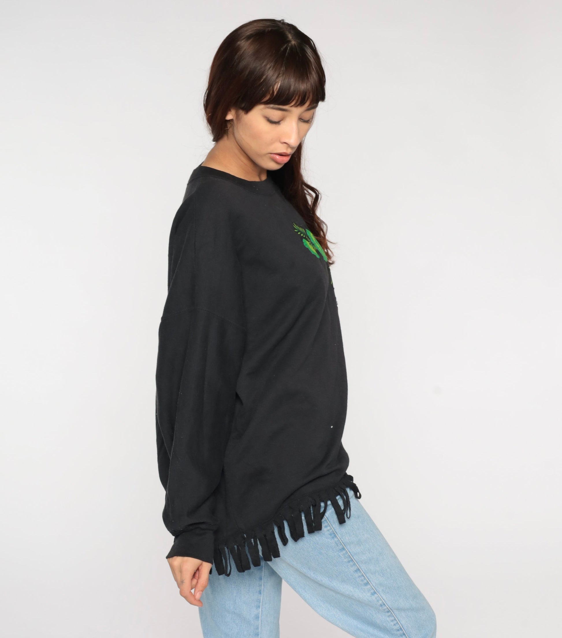 90s Tropical Bird Fringe Sweatshirt Black Graphic Parrot Crewneck Extra Large