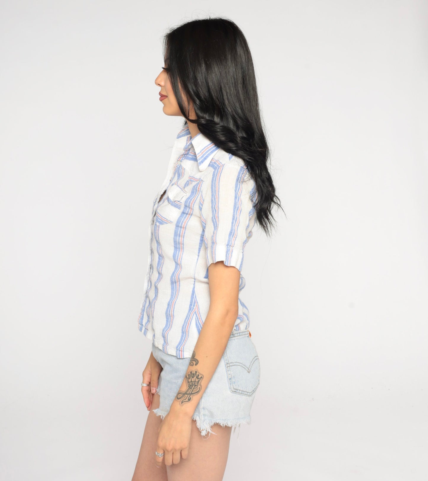 90s Striped Cotton Gauze Button Up Blouse Blue White Short Sleeve Extra Small