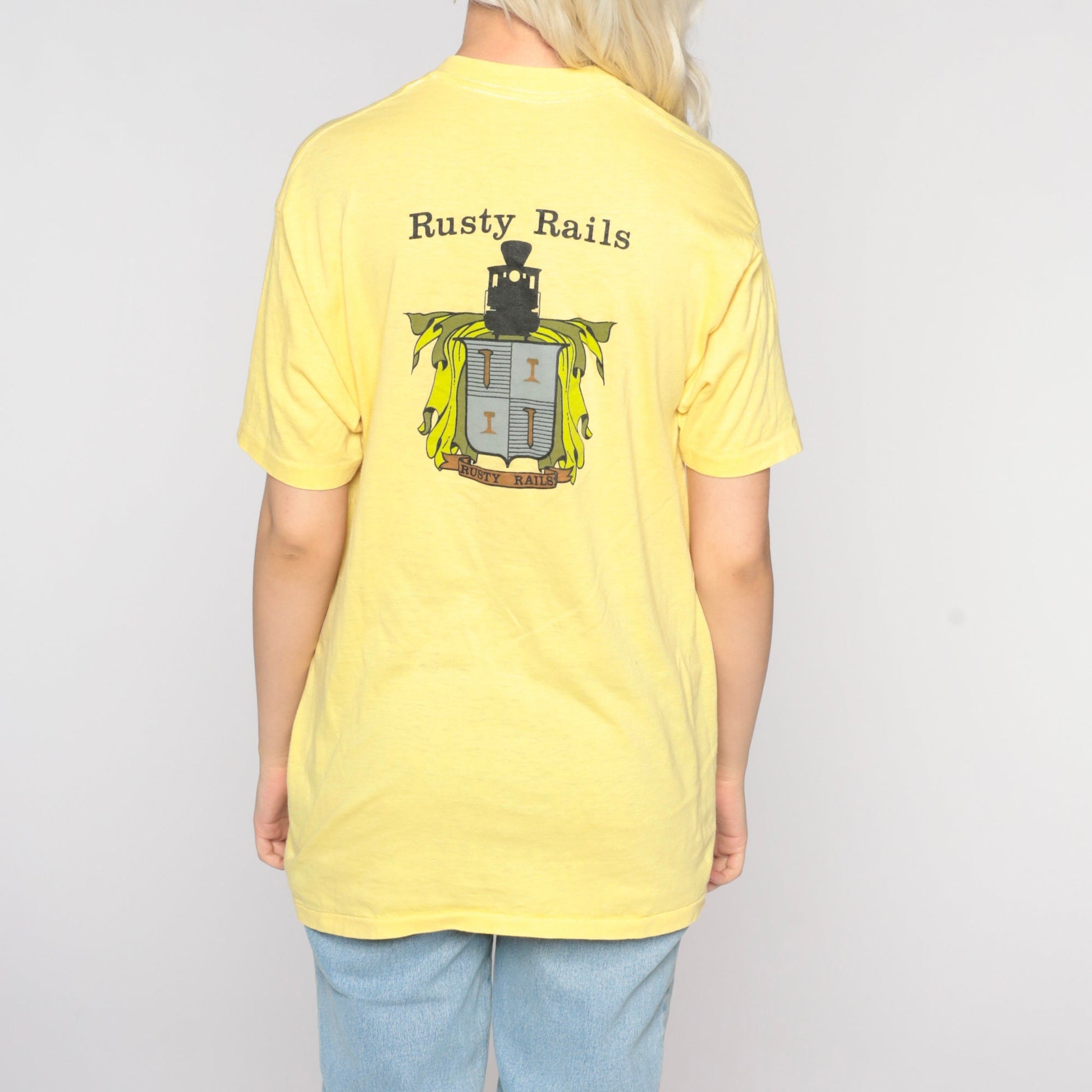 80s Rusty Rails Train Graphic T-Shirt Yellow Cotton Single Stitch Medium
