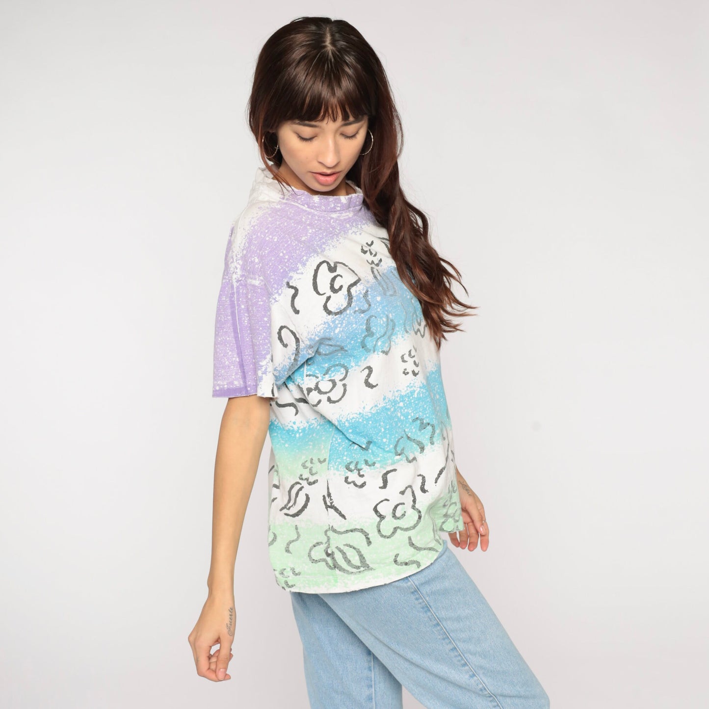 90s Anvil Floral T-Shirt Bleach Splatter Striped Cotton White Extra Large XL
