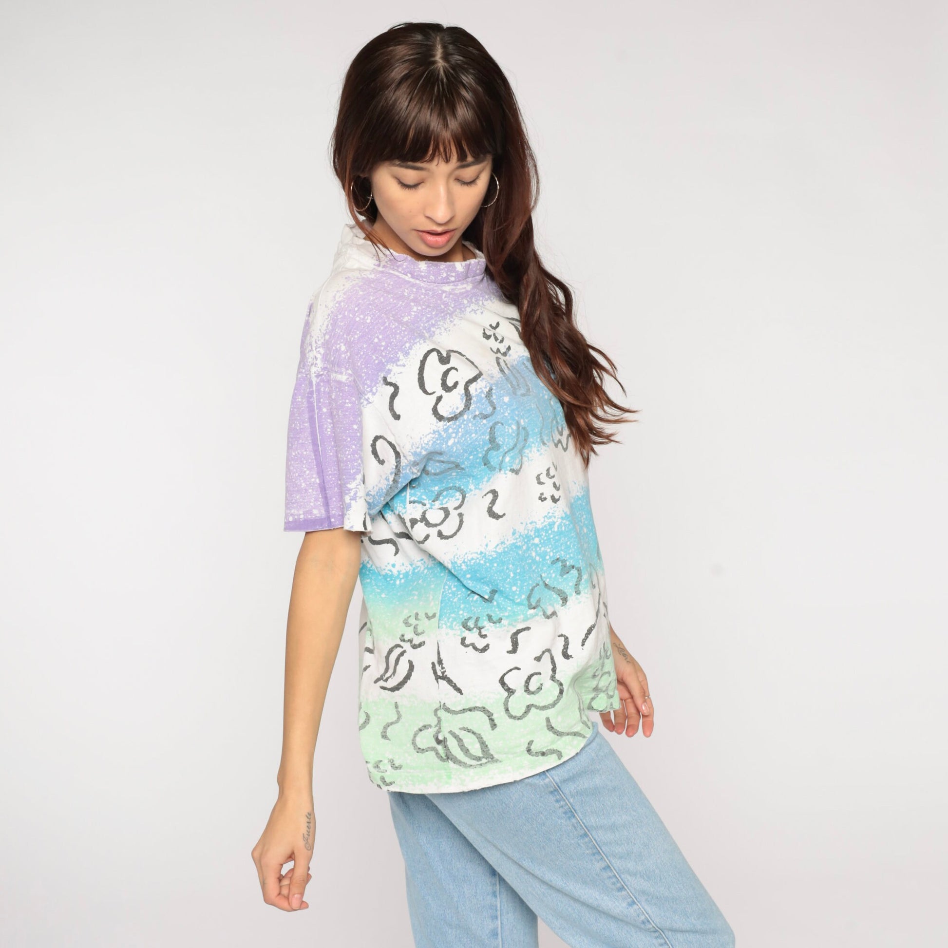 90s Anvil Floral T-Shirt Bleach Splatter Striped Cotton White Extra Large XL