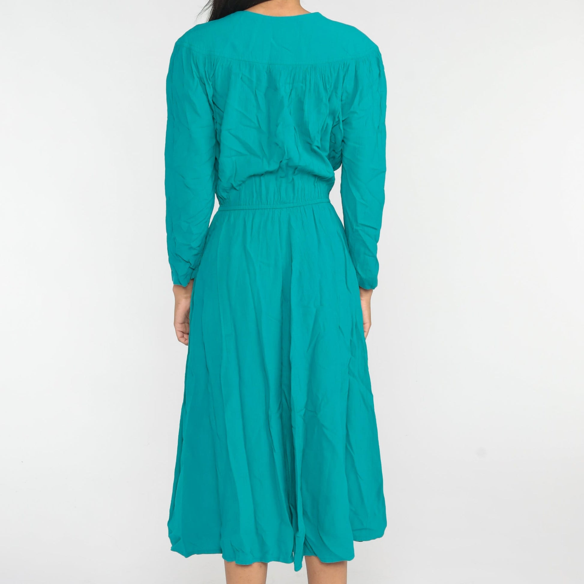 00s Teal Button-Up Maxi Dress High Waist Long Sleeve V-Neck Medium M