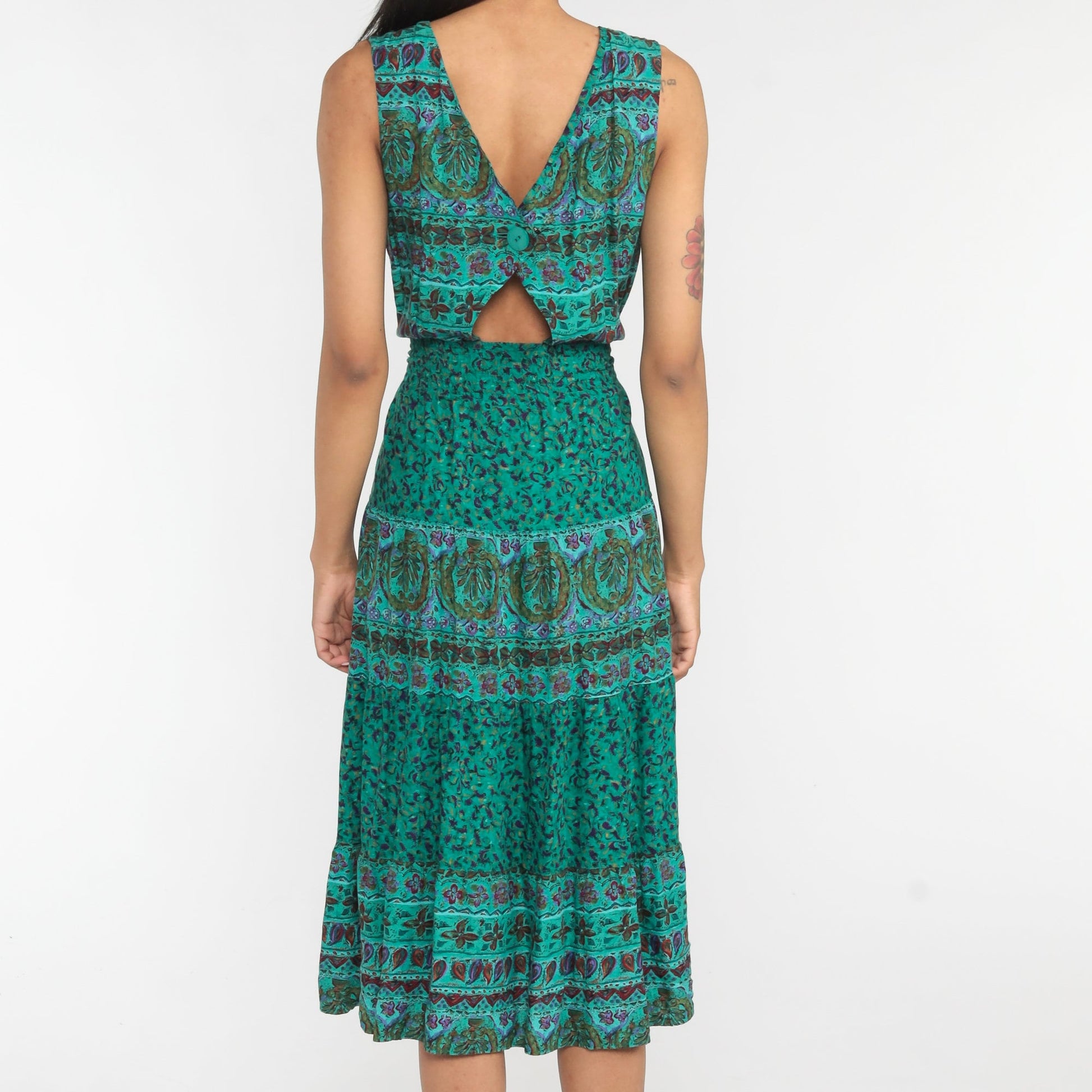 00s Indian Floral Midi Dress Green Sleeveless High Waist Cutout Back Small