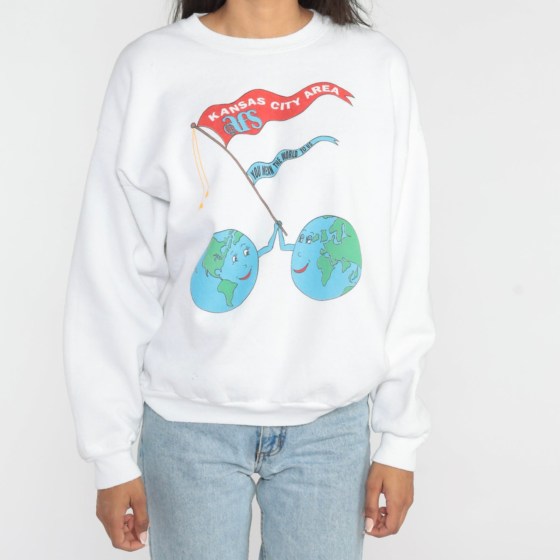 90s Kansas City AFS Earth Graphic Sweatshirt Crewneck Cotton Blend Large L