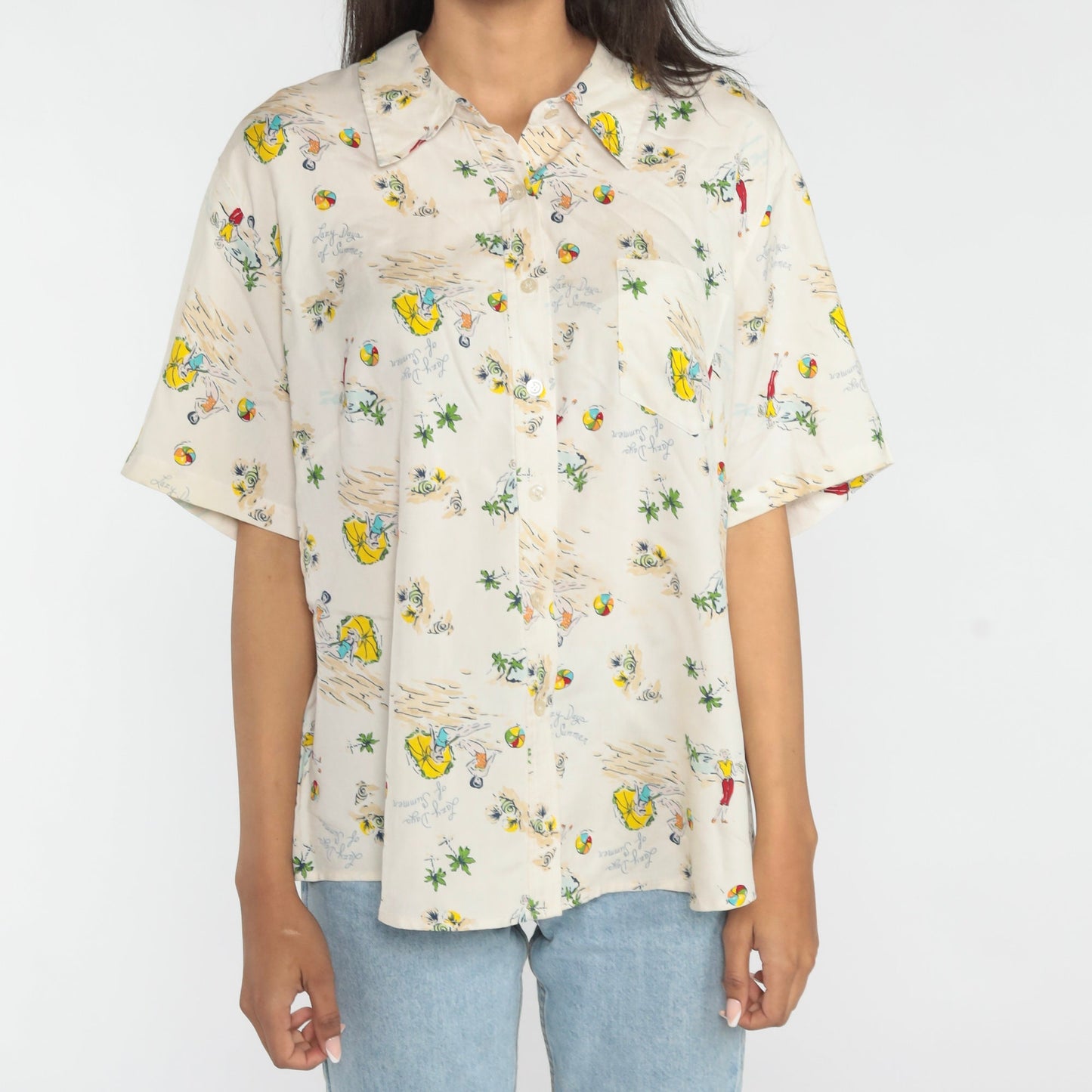 00s Liz Claiborne Silk Button-Up Blouse Beach Print Short Sleeve XXL