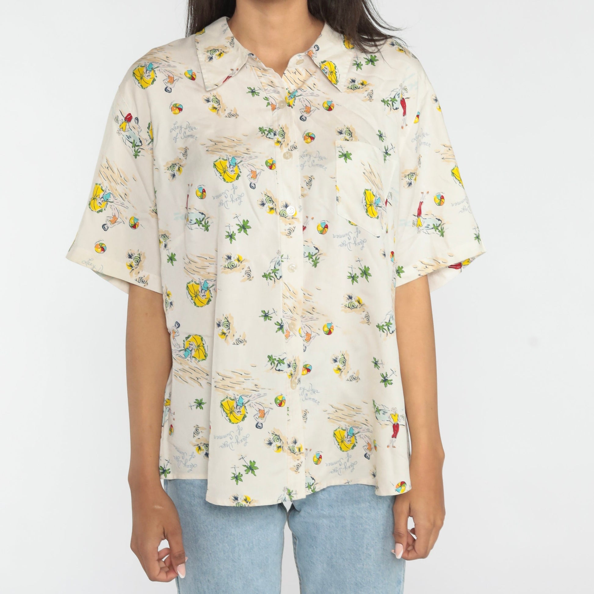 00s Liz Claiborne Silk Button-Up Blouse Beach Print Short Sleeve XXL