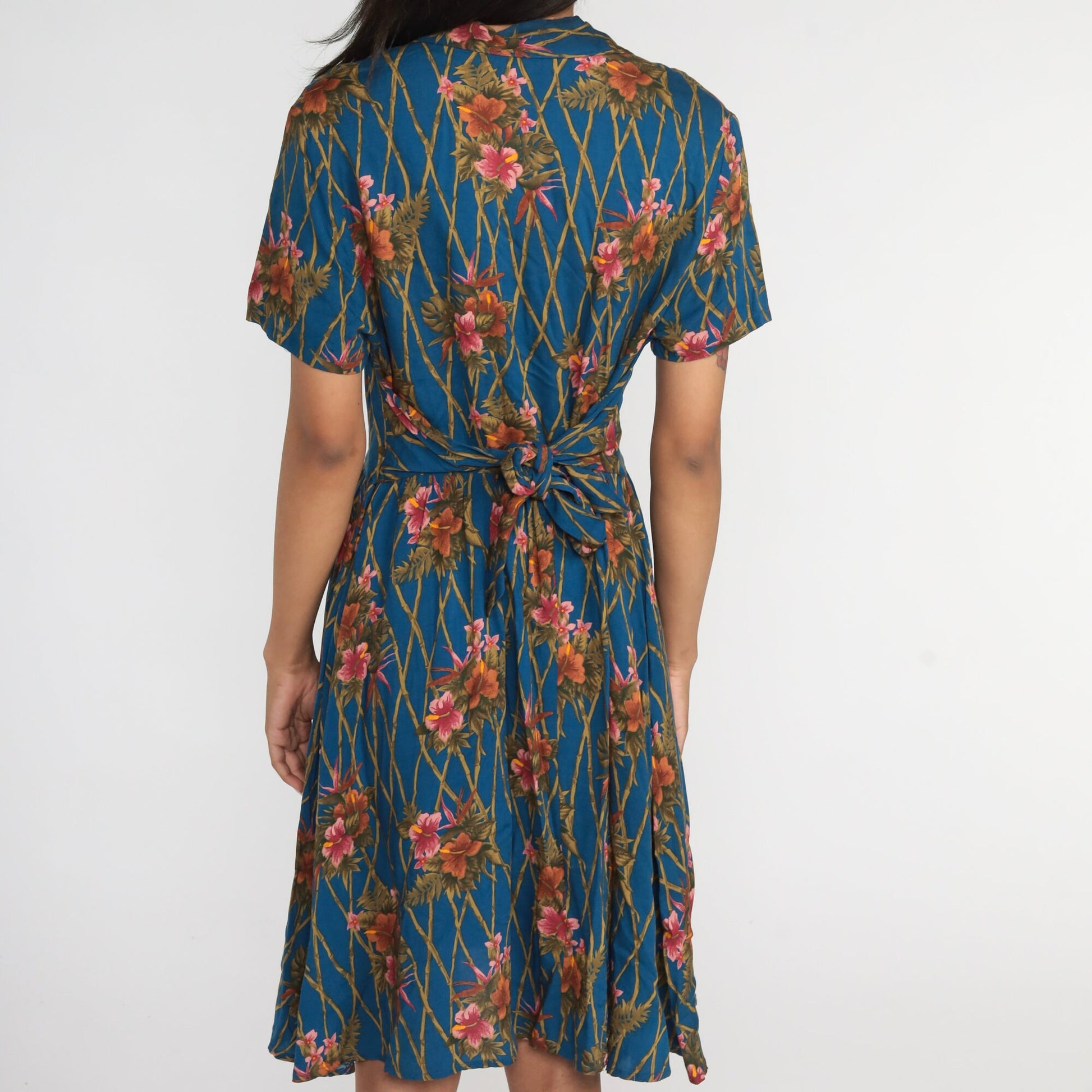 00s Karen Scott Hawaiian Floral Shirtdress Blue Tropical Knee-Length Medium