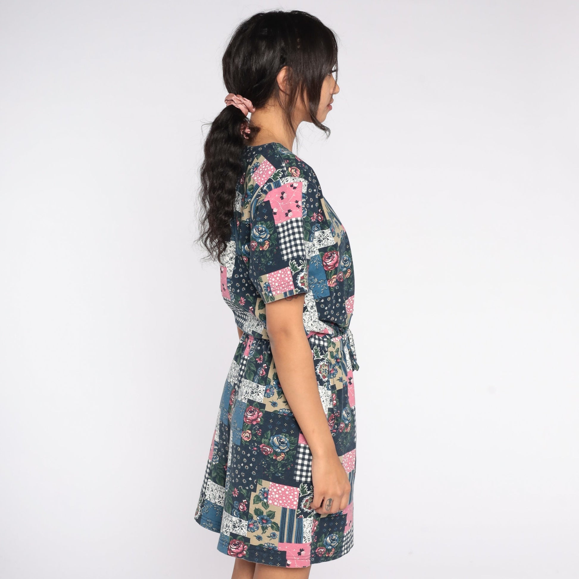 90s Patchwork Floral Wide-Leg Romper Cotton Button-Up Playsuit Medium