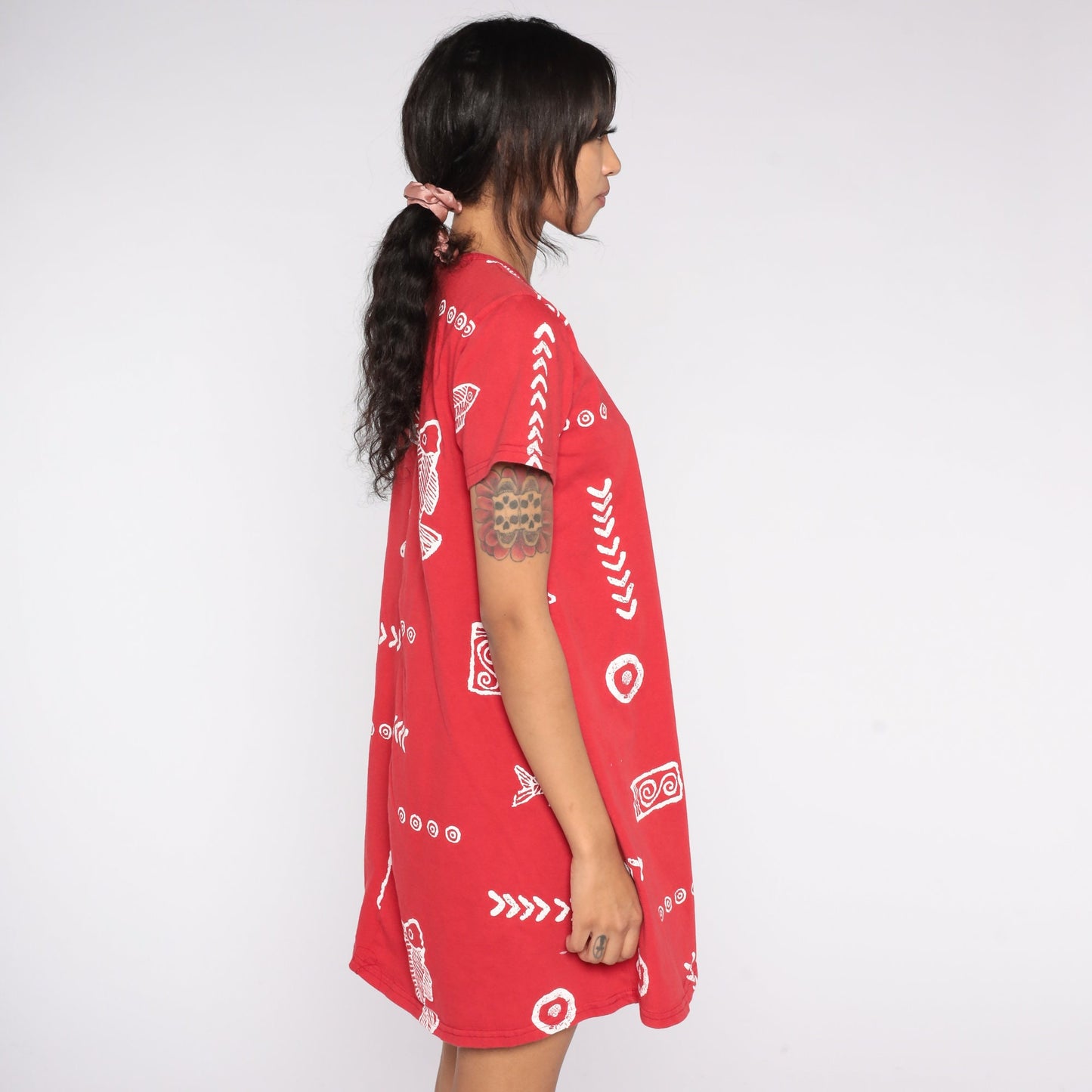 90s Fish Seashell Print Cotton Mini Dress Red Short Sleeve Small S