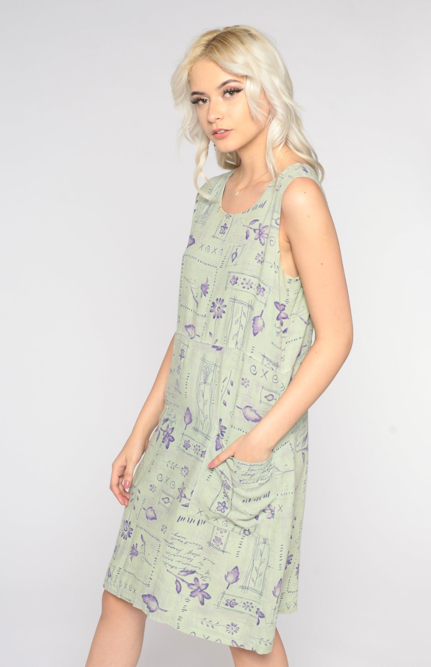 90s Sage Green Abstract Floral Mini Dress Sleeveless Shift Medium M