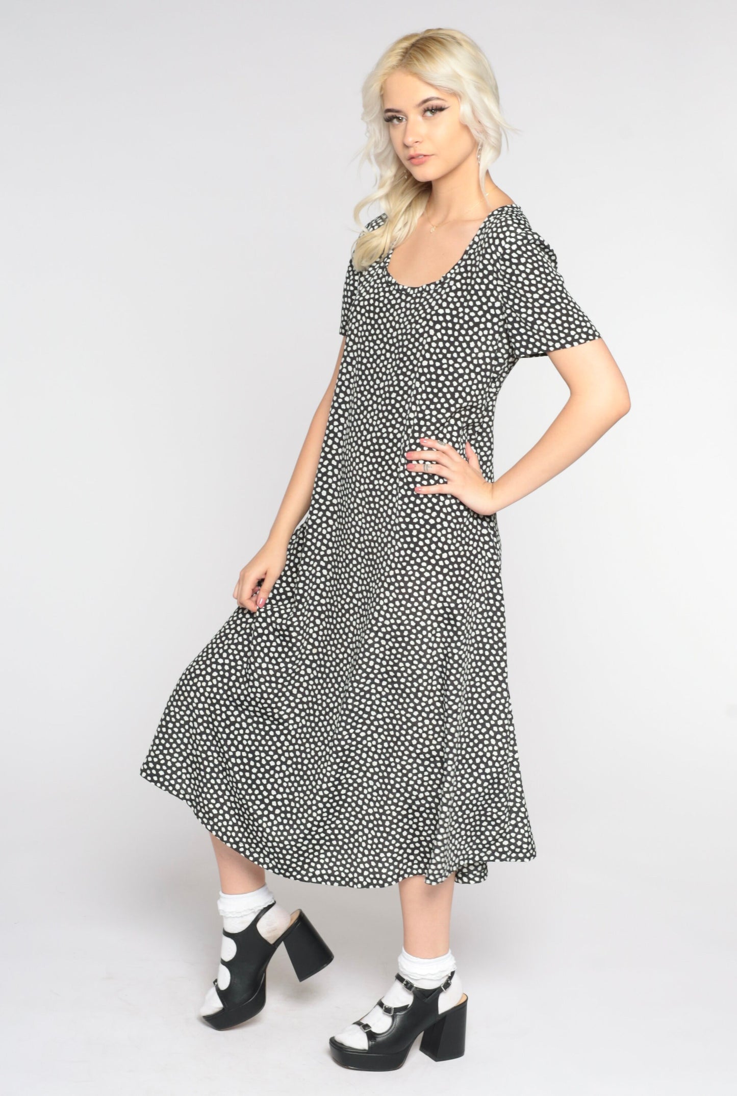 90s Black & White Polka Dot Midi Dress Short Sleeve Tie Back Small Medium