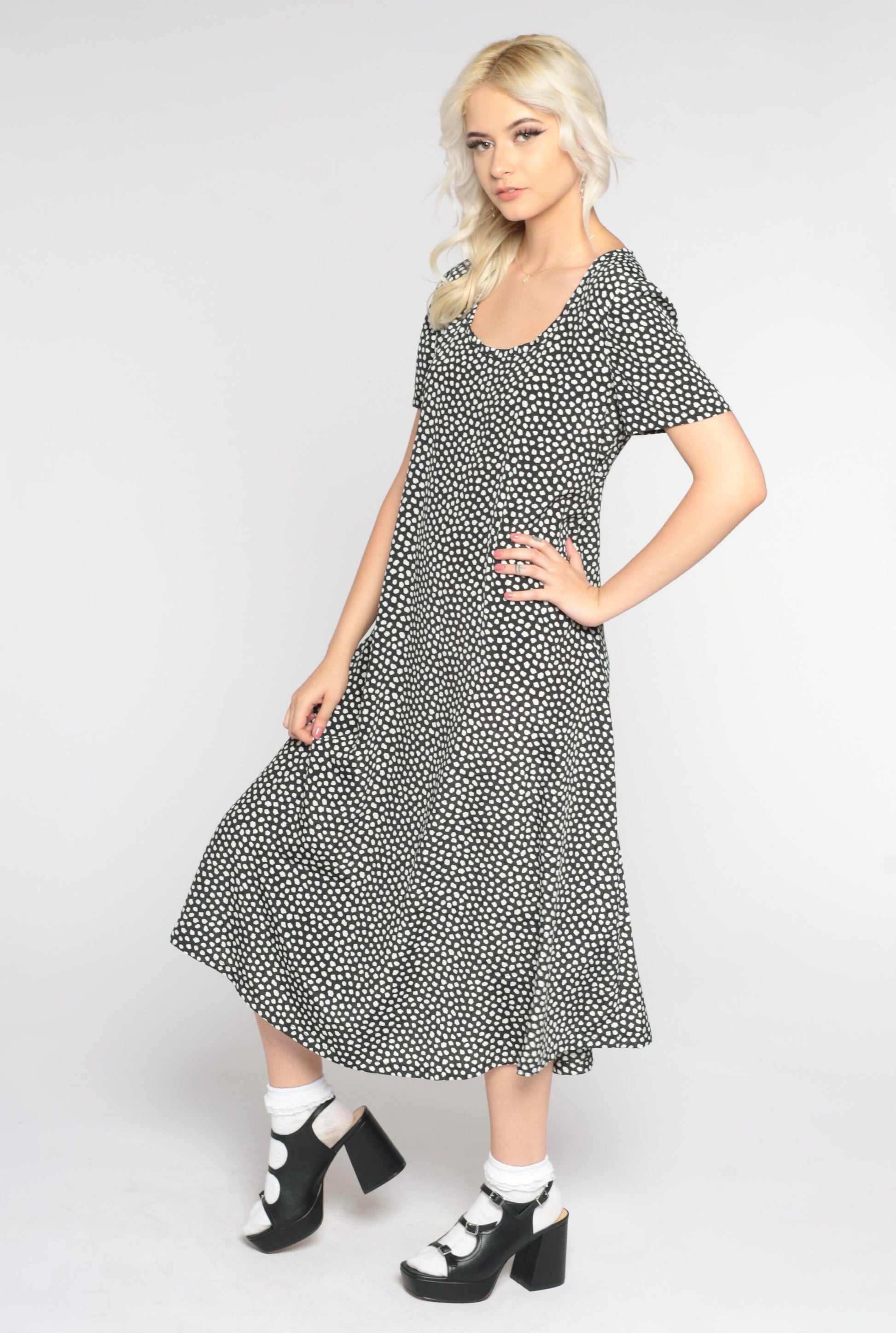 90s Black & White Polka Dot Midi Dress Short Sleeve Tie Back Small Medium