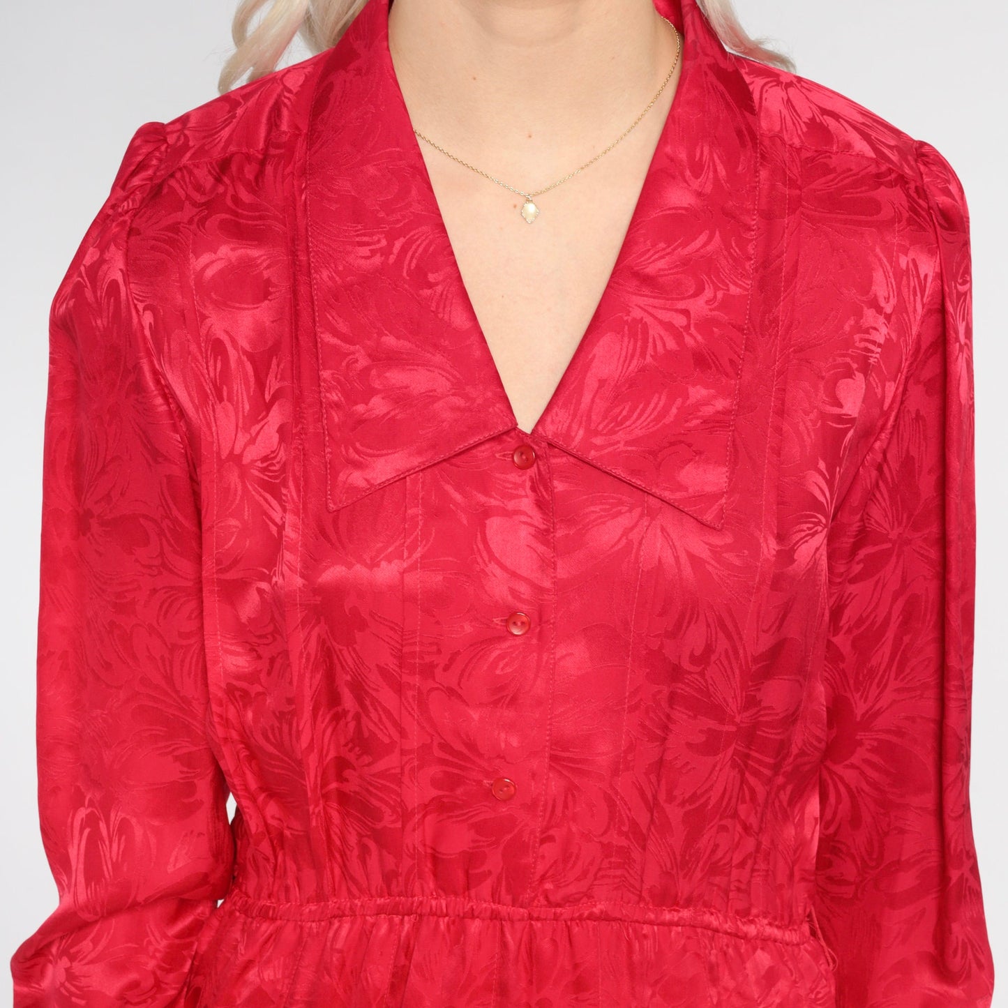 80s Red Silk Floral Midi Shirtdress Pleated Puff Sleeve Button-Up Extra Small XS