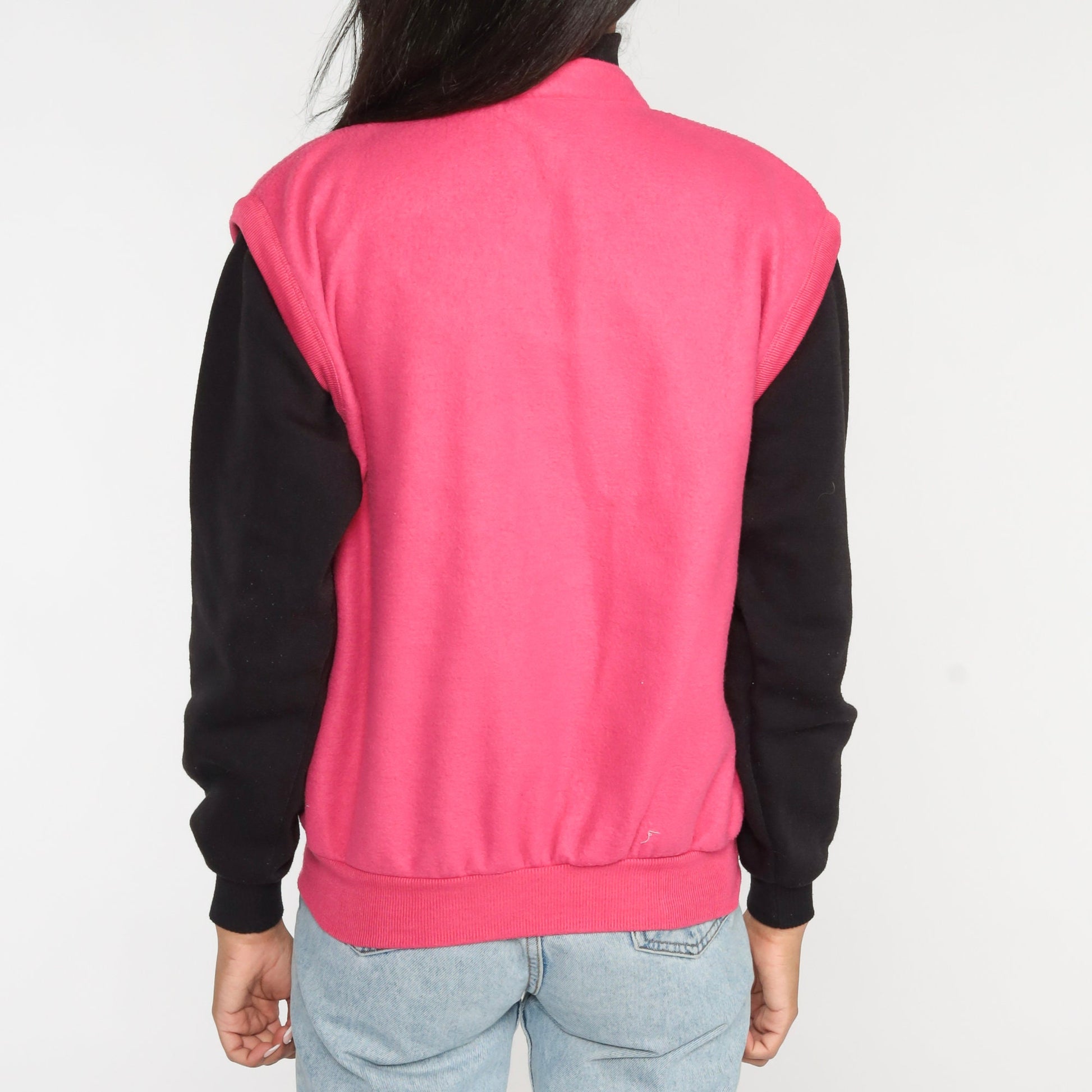 80s Striped Color Block Jacket Hot Pink Black Snap Front Medium