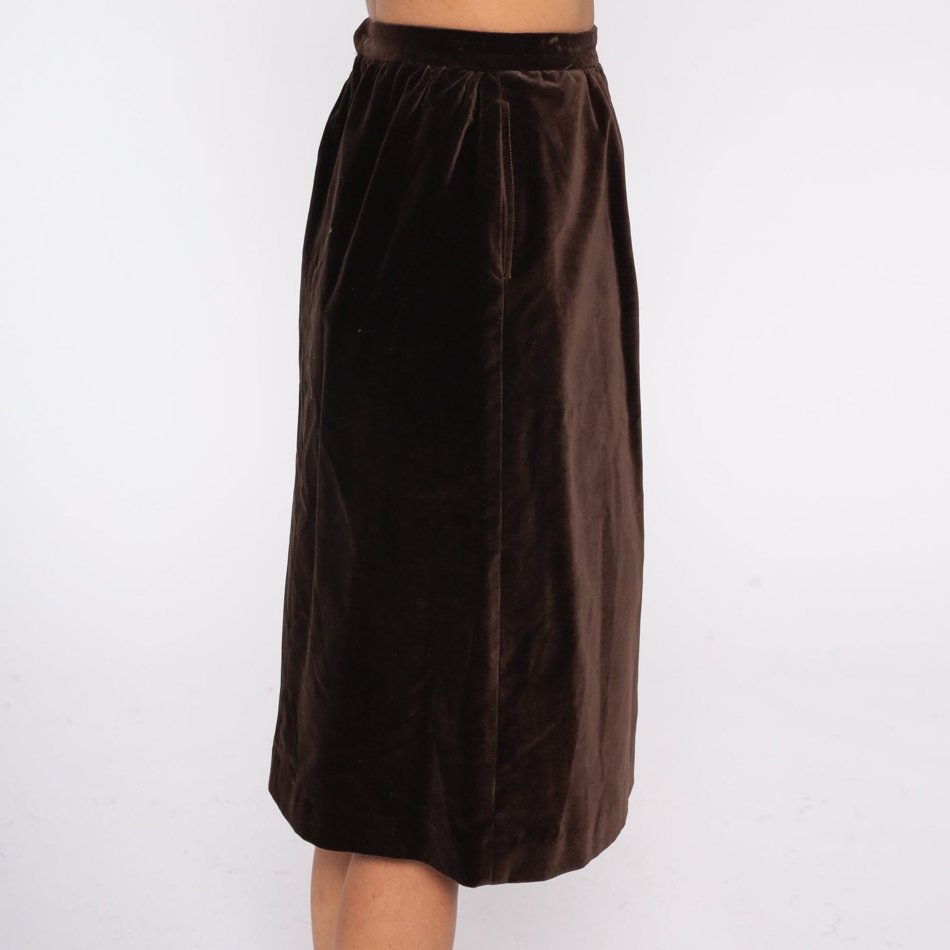 90s Brown Velvet Pencil Skirt High Waisted Midi Extra Small