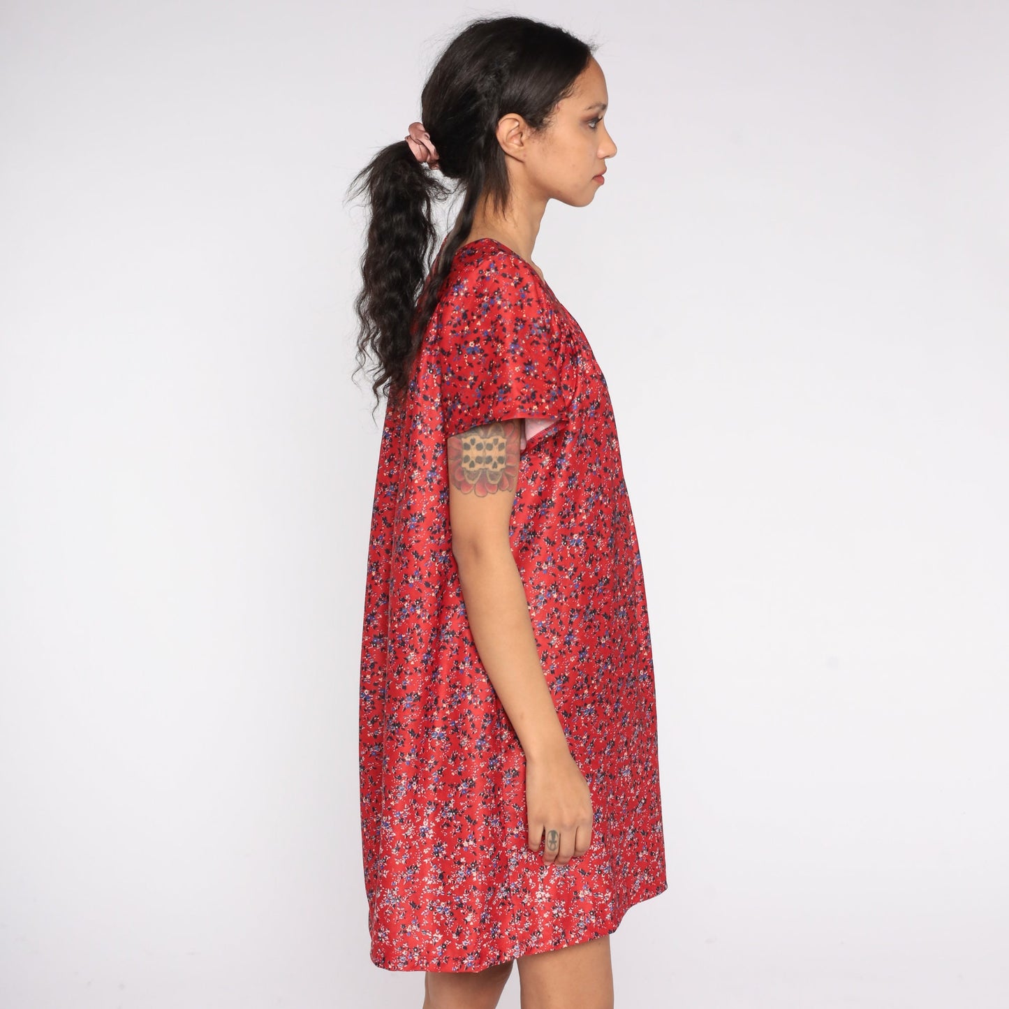 80s Red Floral Mini Shift Dress Short Sleeve Tent Cut Medium Large