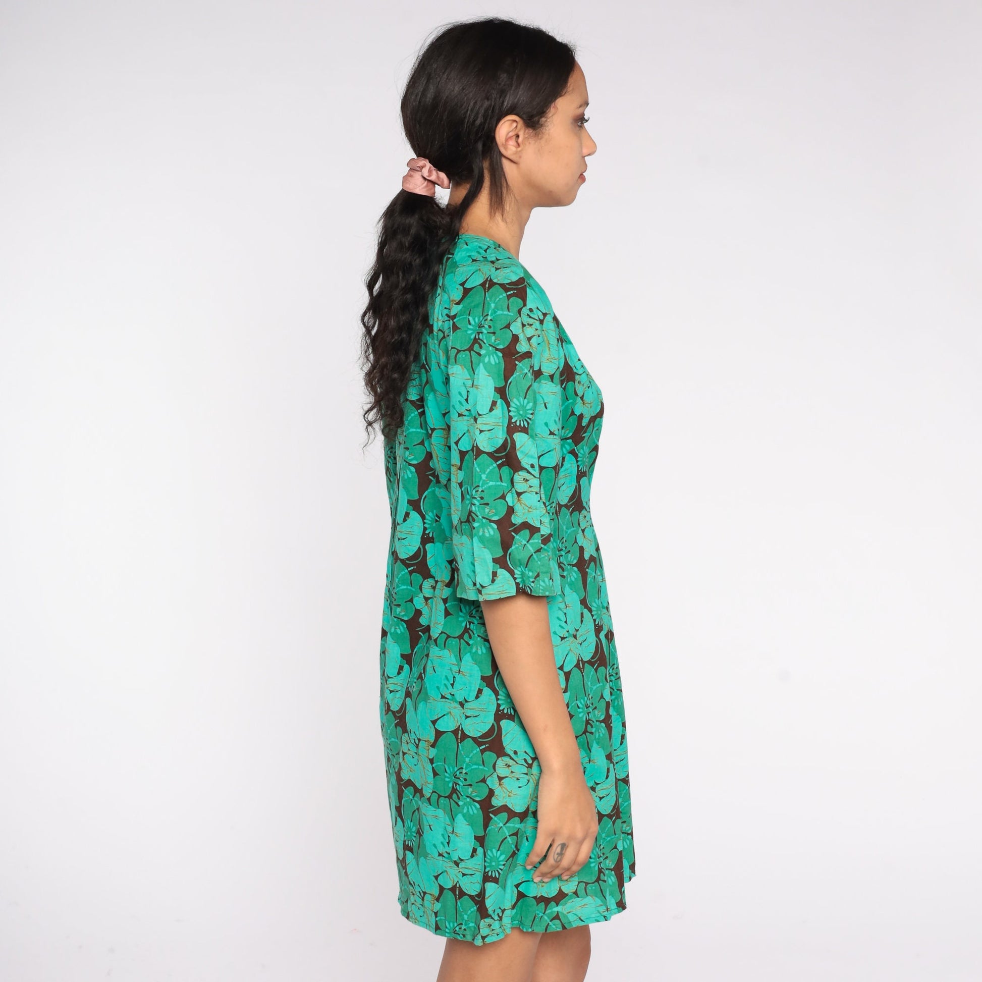 70s Hawaiian Floral Mini Dress Brown Green Hibiscus Print Small