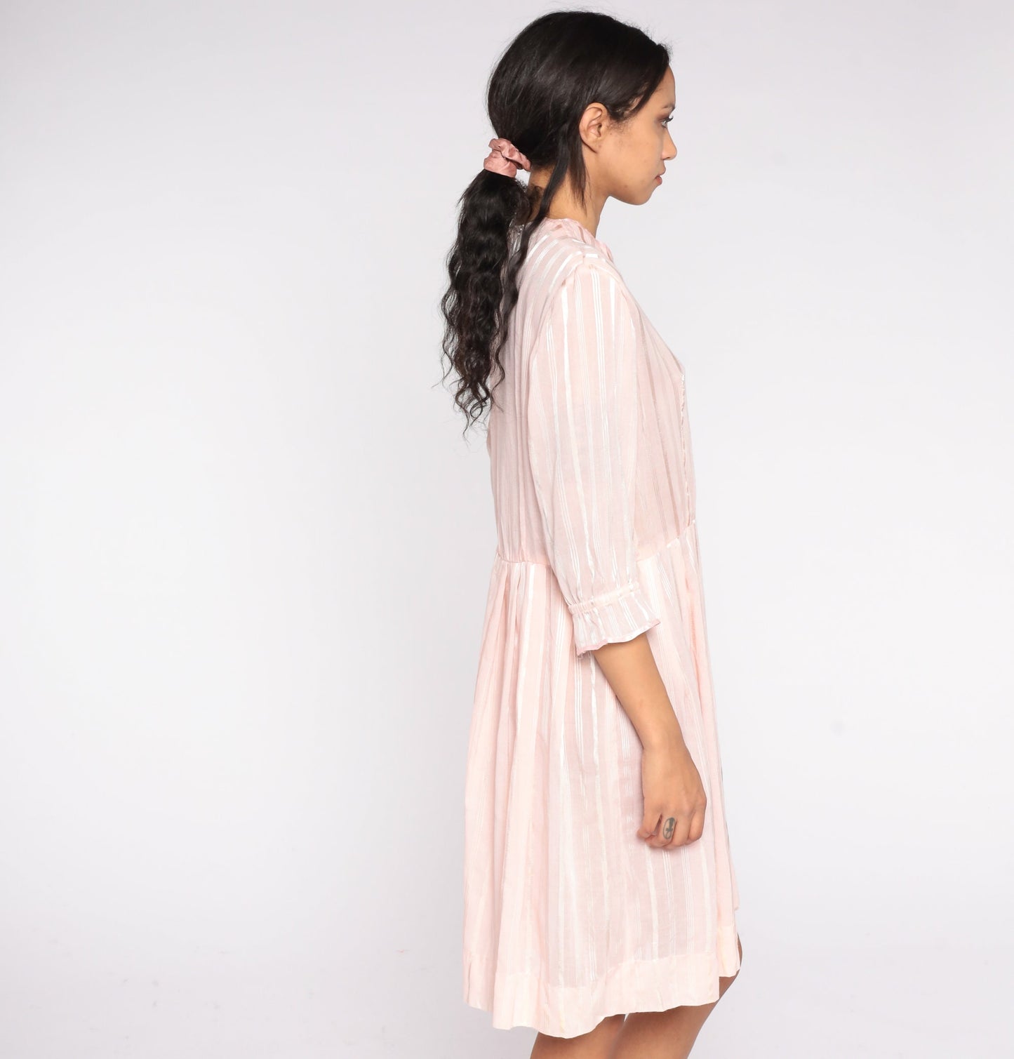 70s Baby Pink Striped Mini Dress High Waist Pleated Rosette Detail Medium Large