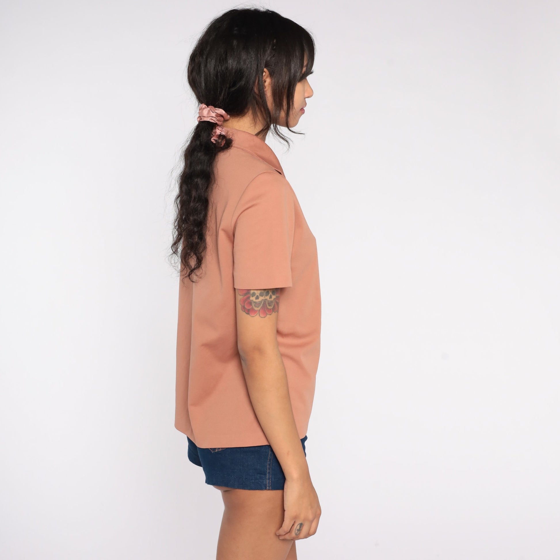 70s Terracotta Polo Blouse Collared Short Sleeve Shirt Medium