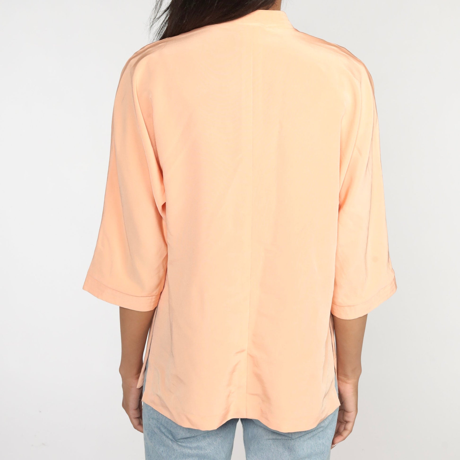 70s Peach Blouse Short Sleeve Frog Button Shirt Medium Large