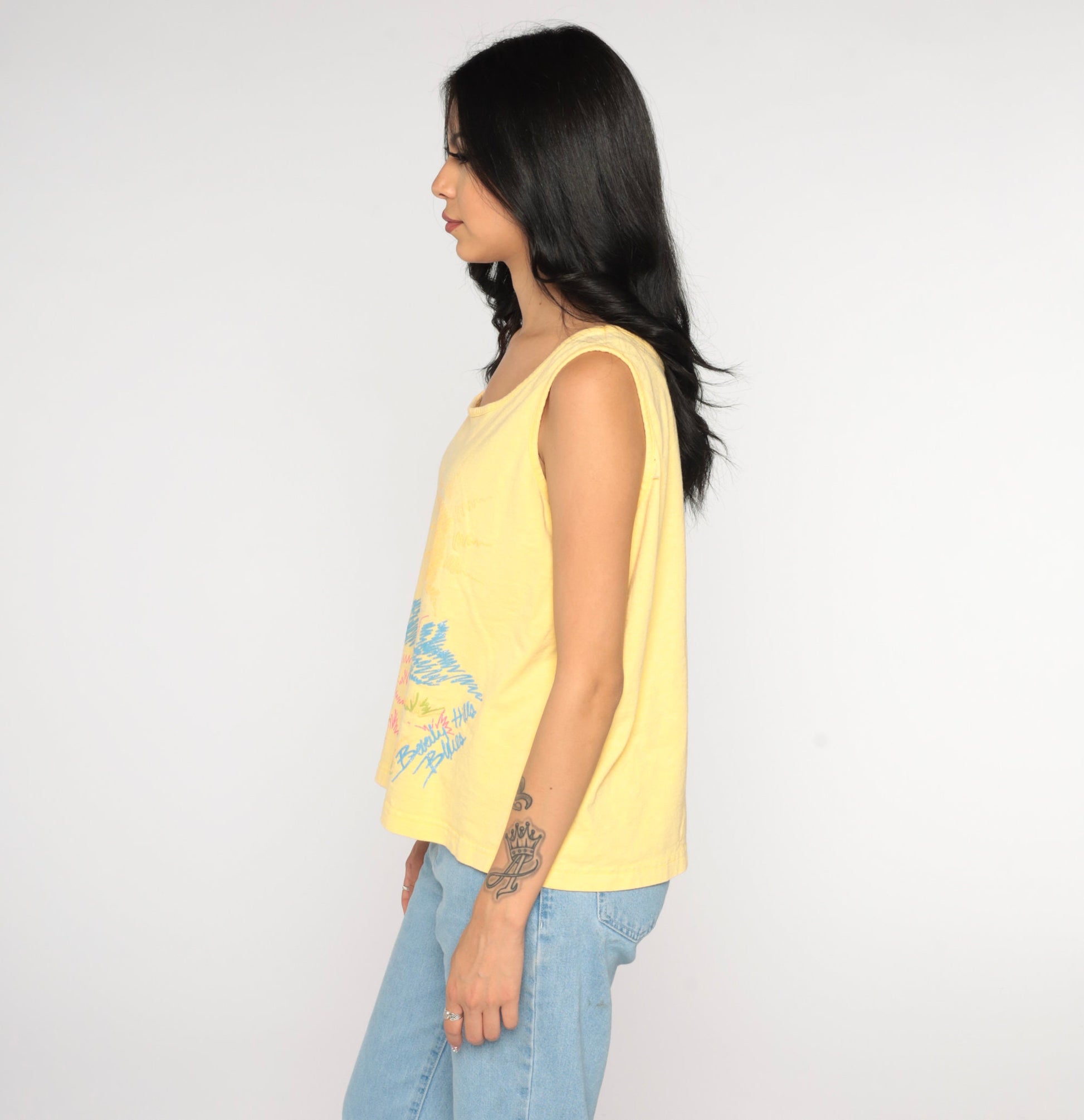 90s Beverly Hills Blues Desert Tank Top Yellow Graphic Cactus Medium